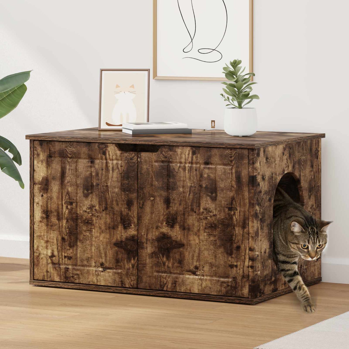 Kattenhuis Gerookt eiken 85 x 55 x 50,5 cm Bewerkt hout is nu te koop bij PeponiXL, paradijselijk wonen!