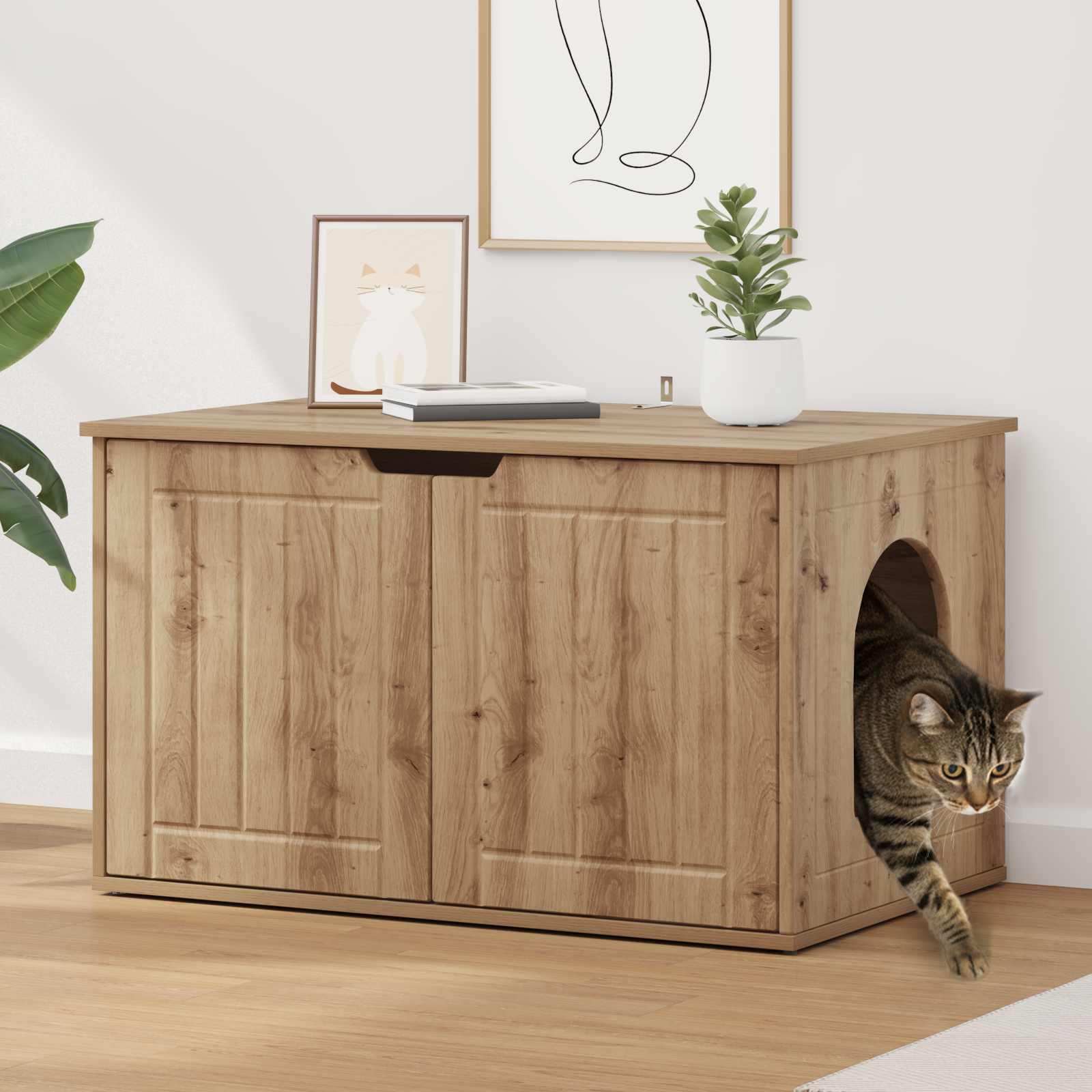 Kattenhuis Ambachtelijk eiken 85 x 55 x 50,5 cm Bewerkt hout is nu te koop bij PeponiXL, paradijselijk wonen!