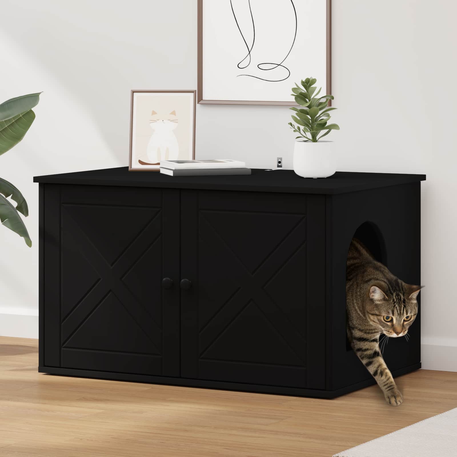 Kattenhuis Zwart 85 x 55 x 50,5 cm Bewerkt hout is nu te koop bij PeponiXL, paradijselijk wonen!