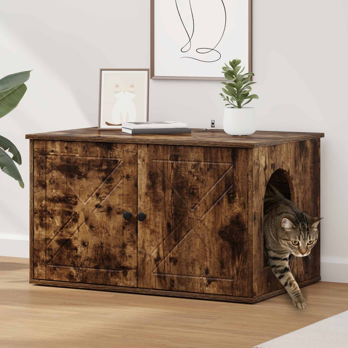 Kattenhuis Gerookt eiken 85 x 55 x 50 cm Bewerkt hout is nu te koop bij PeponiXL, paradijselijk wonen!