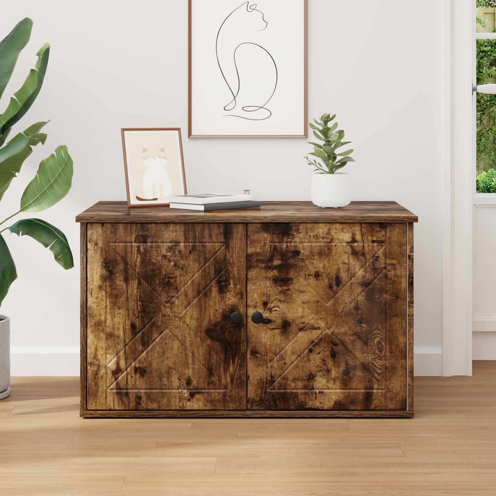 Kattenhuis Gerookt eiken 85 x 55 x 50 cm Bewerkt hout is nu te koop bij PeponiXL, paradijselijk wonen!