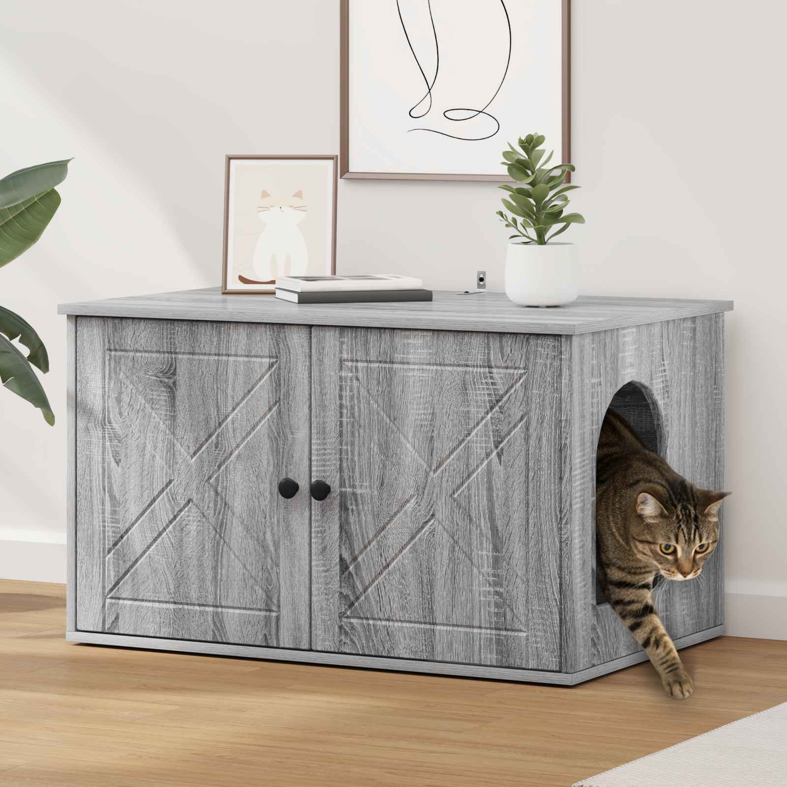 Kattenhuis Grijs Sonoma 85 x 55 x 50 cm Bewerkt hout is nu te koop bij PeponiXL, paradijselijk wonen!