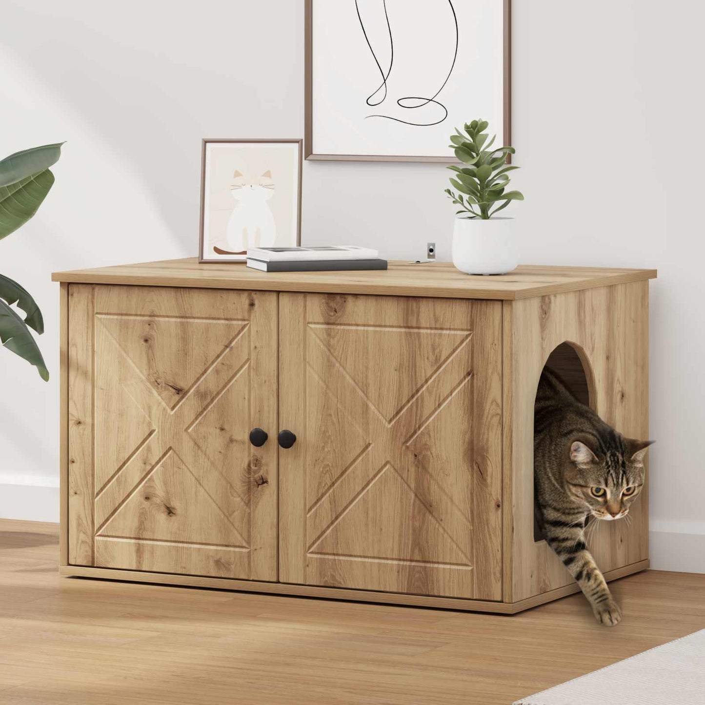 Kattenhuis Ambachtelijk eiken 85 x 55 x 50 cm Bewerkt hout is nu te koop bij PeponiXL, paradijselijk wonen!