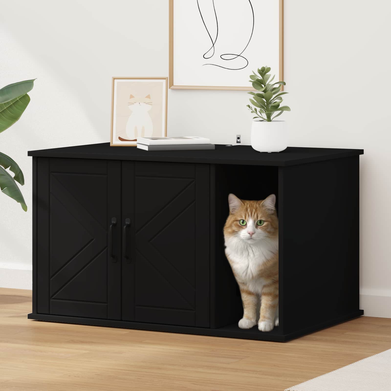 Kattenhuis Zwart 85 x 55 x 50 cm Bewerkt hout is nu te koop bij PeponiXL, paradijselijk wonen!