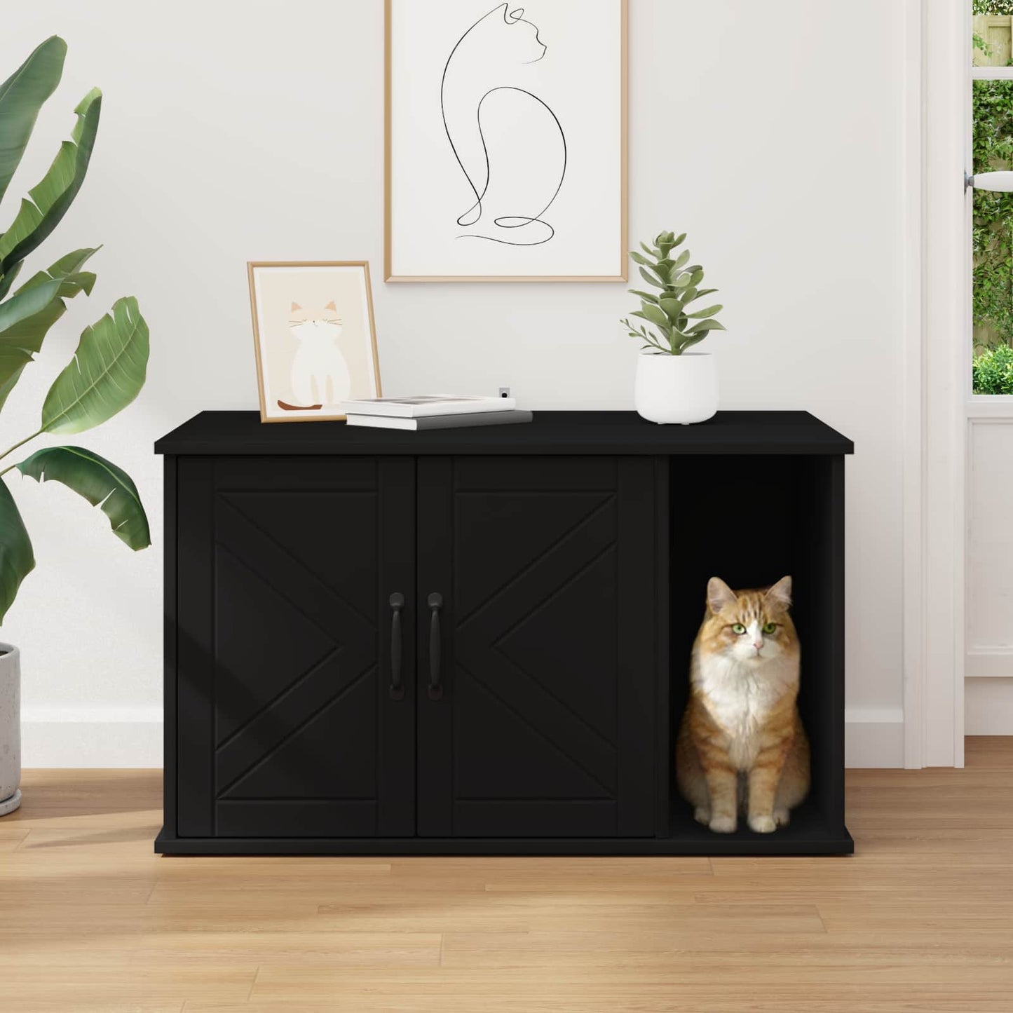 Kattenhuis Zwart 85 x 55 x 50 cm Bewerkt hout is nu te koop bij PeponiXL, paradijselijk wonen!