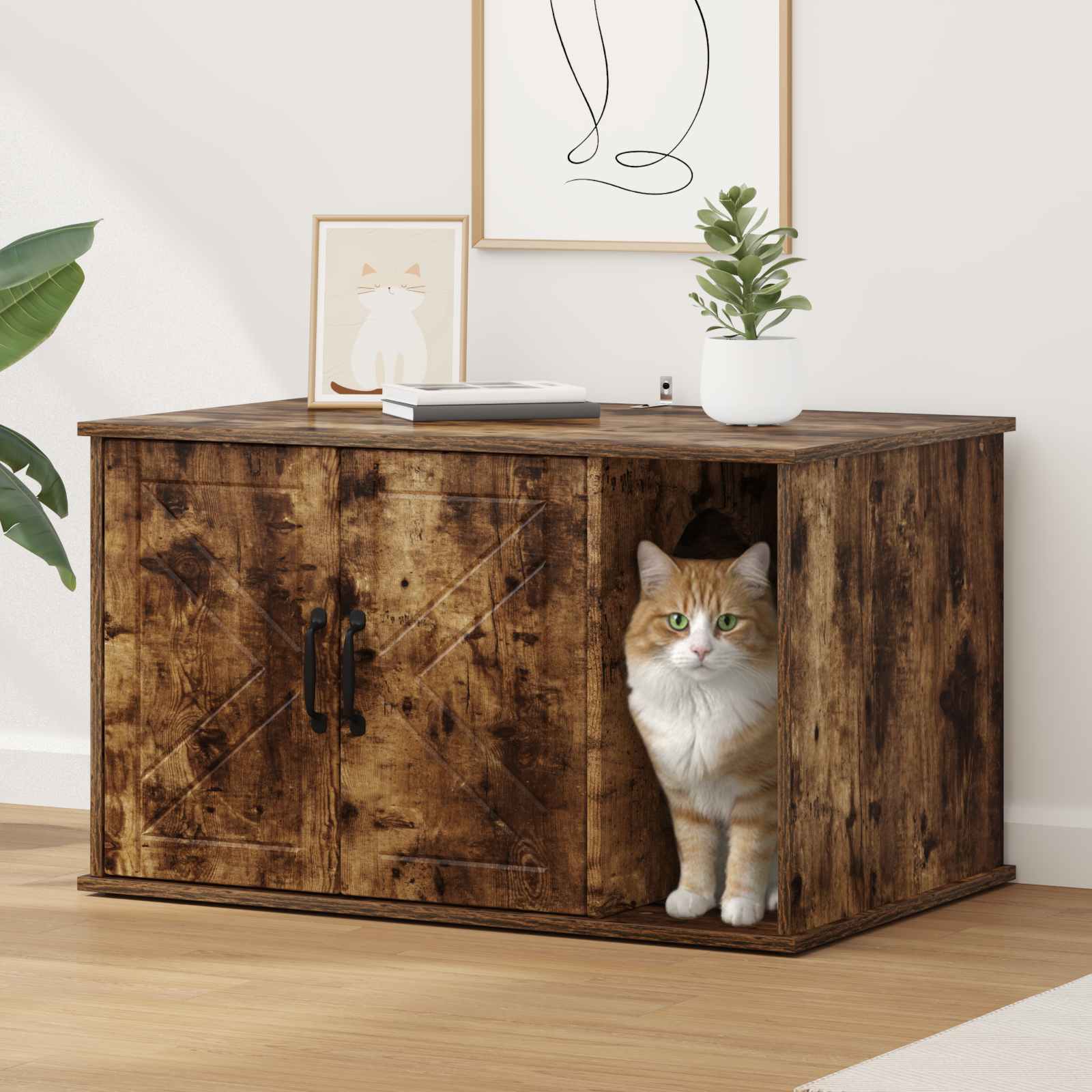 Kattenhuis Gerookt eiken 85 x 55 x 50 cm Bewerkt hout is nu te koop bij PeponiXL, paradijselijk wonen!