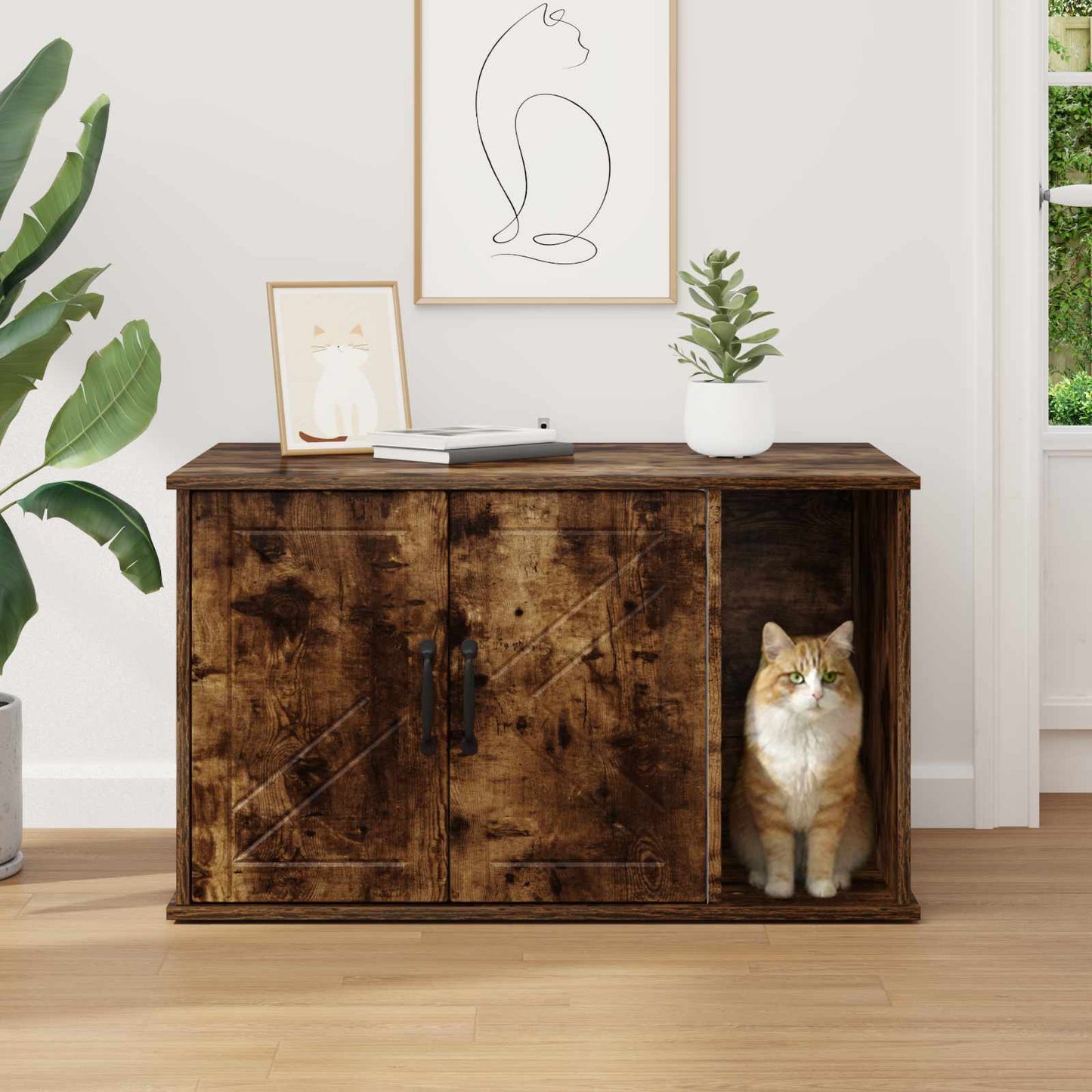 Kattenhuis Gerookt eiken 85 x 55 x 50 cm Bewerkt hout is nu te koop bij PeponiXL, paradijselijk wonen!