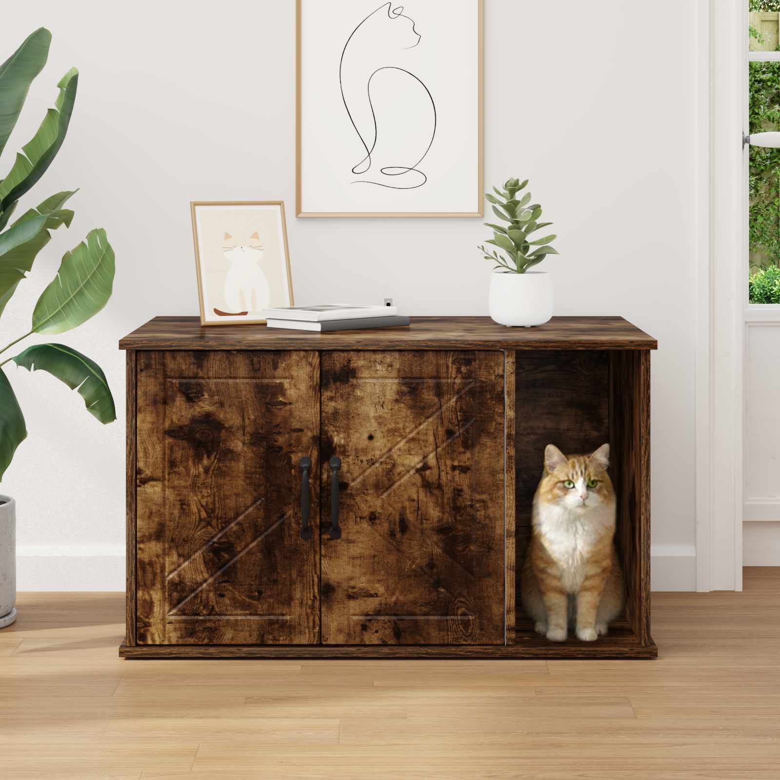 Kattenhuis Gerookt eiken 85 x 55 x 50 cm Bewerkt hout is nu te koop bij PeponiXL, paradijselijk wonen!