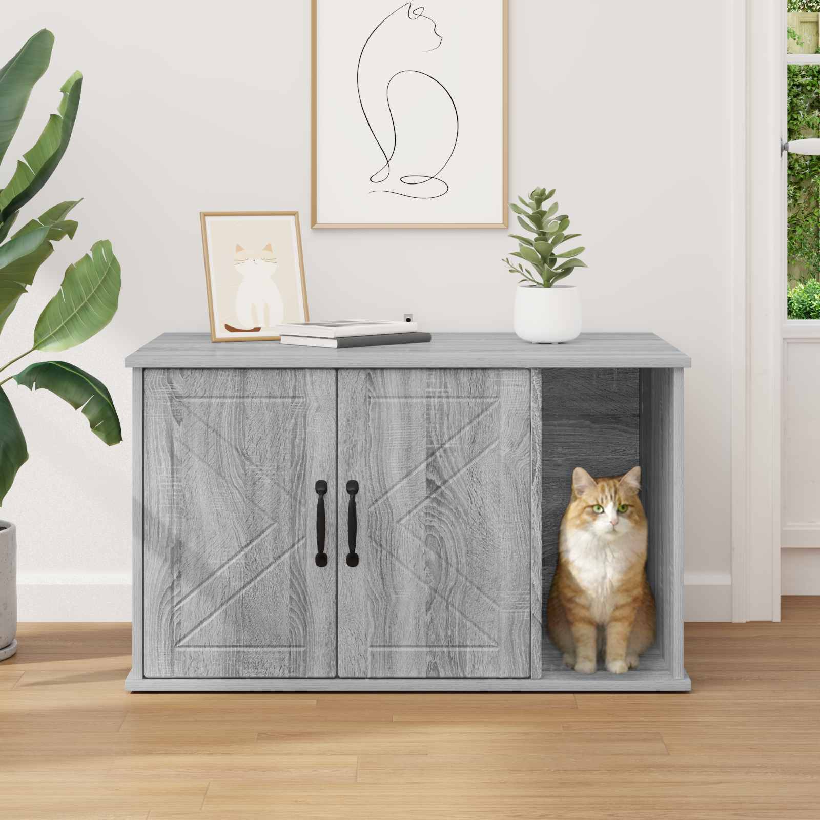 Kattenhuis Grijs Sonoma 85 x 55 x 50 cm Bewerkt hout is nu te koop bij PeponiXL, paradijselijk wonen!