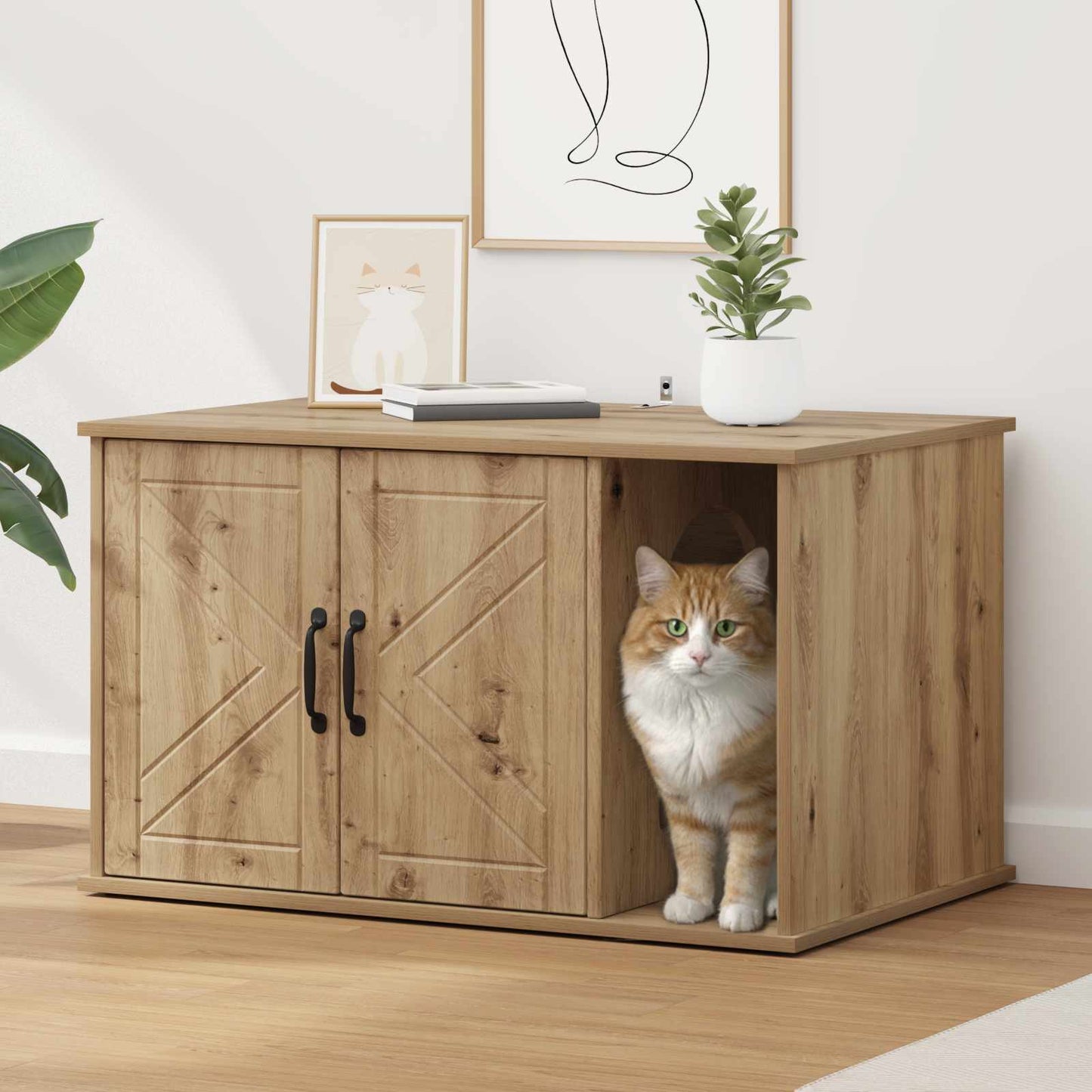 Kattenhuis Ambachtelijk eiken 85 x 55 x 50 cm Bewerkt hout is nu te koop bij PeponiXL, paradijselijk wonen!