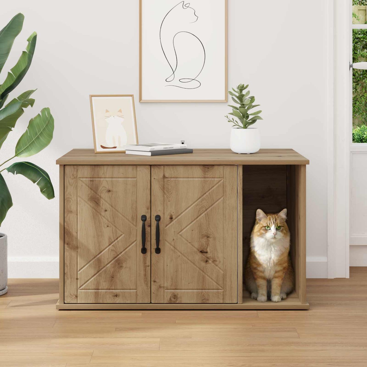 Kattenhuis Ambachtelijk eiken 85 x 55 x 50 cm Bewerkt hout is nu te koop bij PeponiXL, paradijselijk wonen!