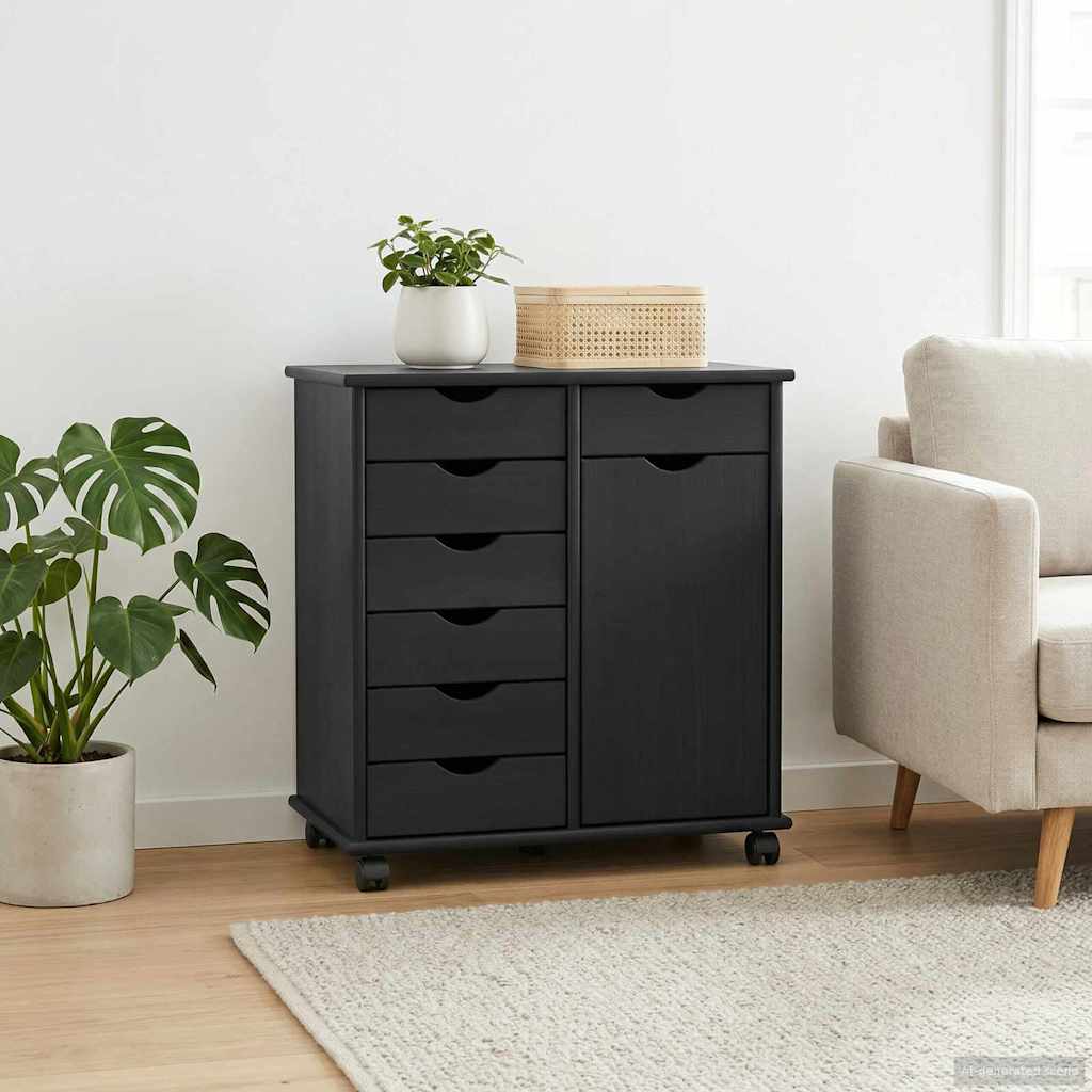 Rolling Kast Zwart 63,5 x 39 x 65,5 cm Massief Vurenhout is nu te koop bij PeponiXL, paradijselijk wonen!