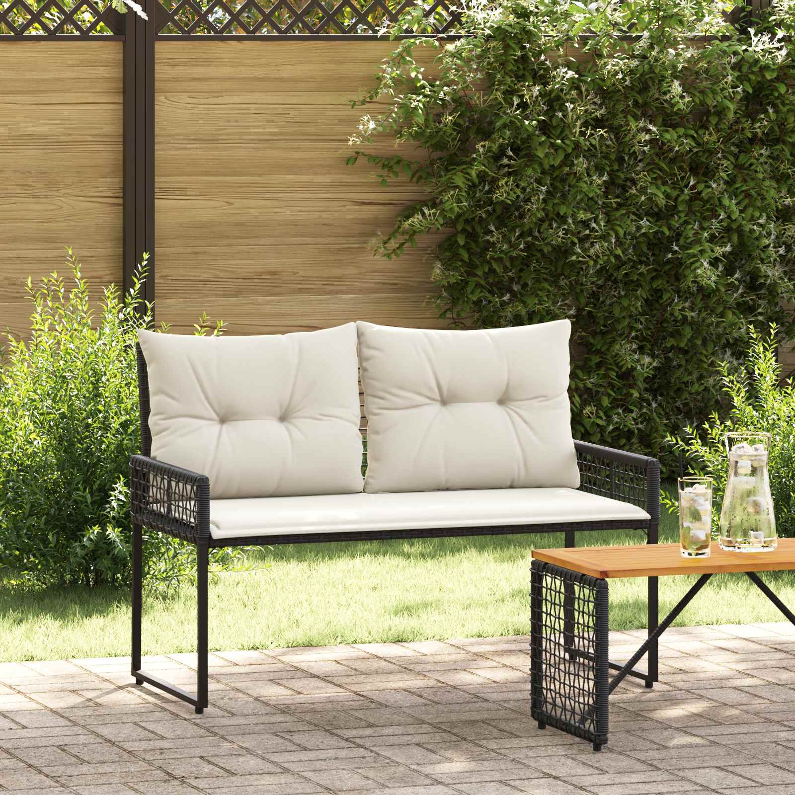 Tuinbank Zwart en Cream Wit 118 x 55 x 82 cm PE rattan en stof is nu te koop bij PeponiXL, paradijselijk wonen!