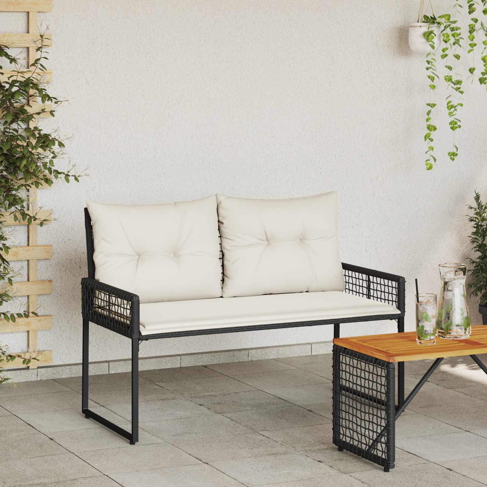 Tuinbank Zwart en Cream Wit 118 x 55 x 82 cm PE rattan en stof is nu te koop bij PeponiXL, paradijselijk wonen!