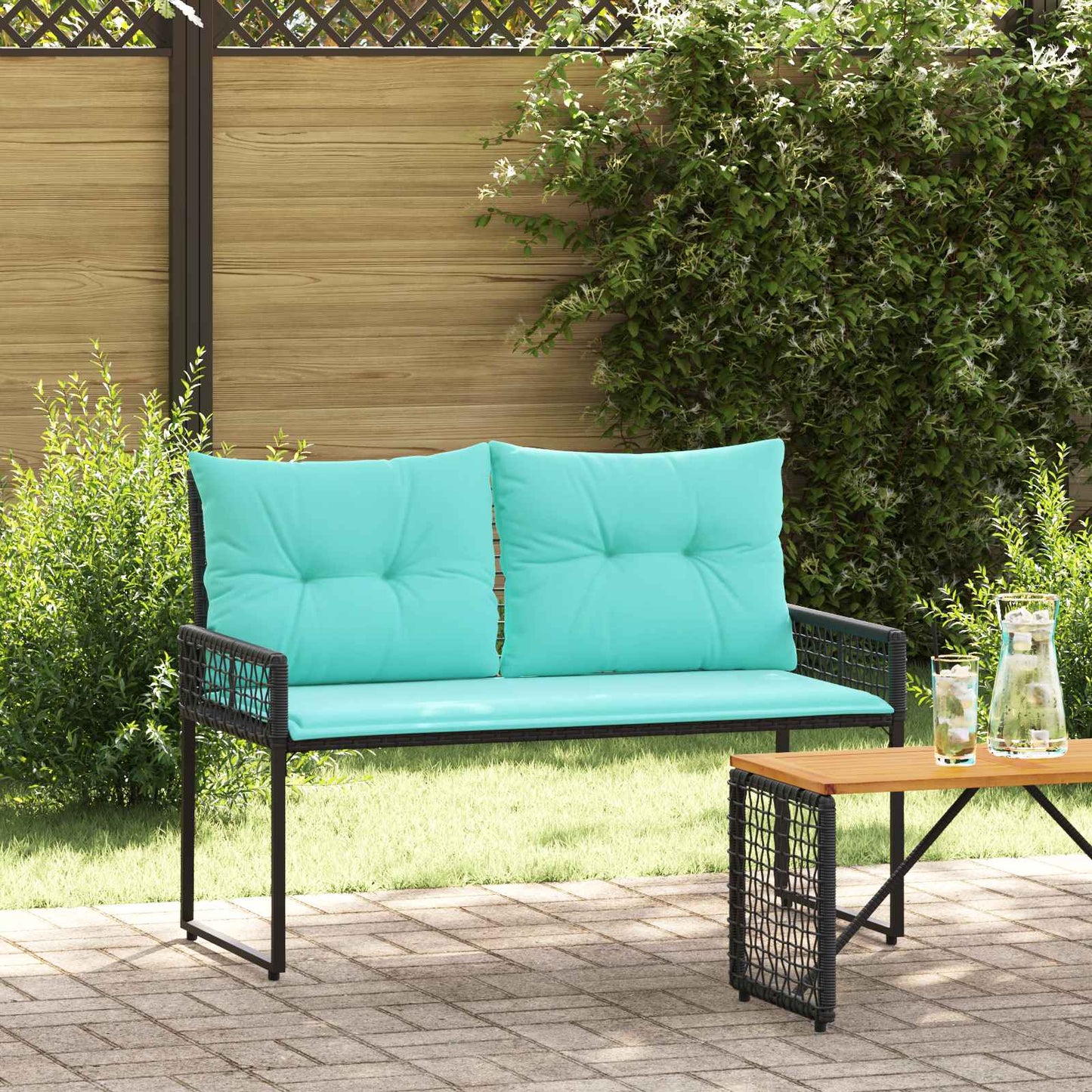 Tuinbank Zwart en Turquoise 118 x 55 x 82 cm PE rattan en stof is nu te koop bij PeponiXL, paradijselijk wonen!