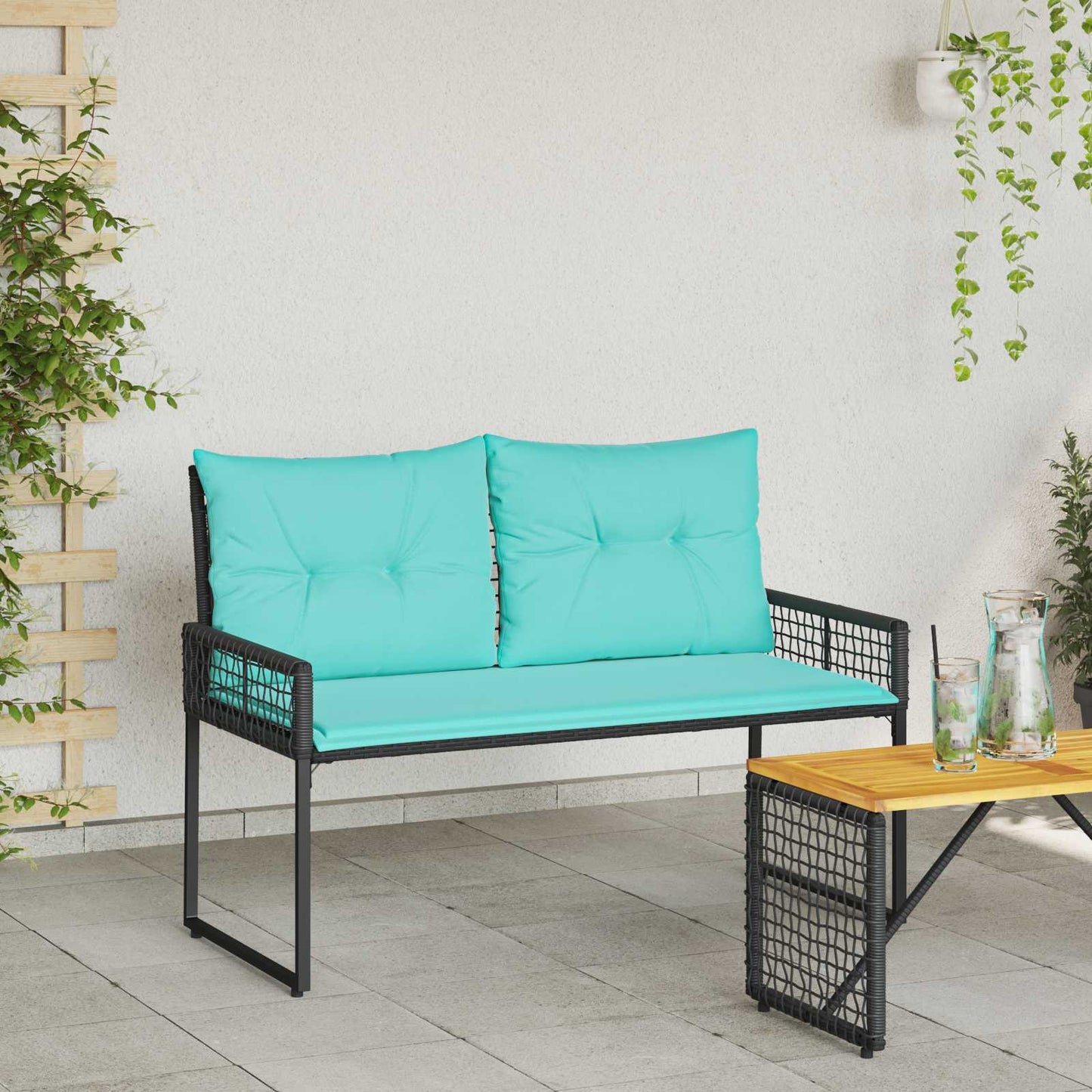 Tuinbank Zwart en Turquoise 118 x 55 x 82 cm PE rattan en stof is nu te koop bij PeponiXL, paradijselijk wonen!