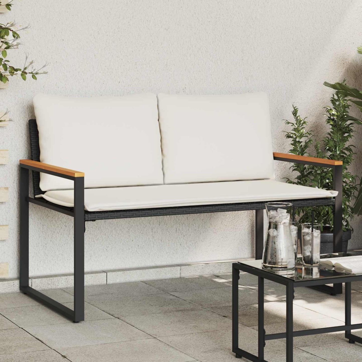 Bank met kussen Zwart en Cream Wit 115 x 65 x 72 cm Rattan is nu te koop bij PeponiXL, paradijselijk wonen!
