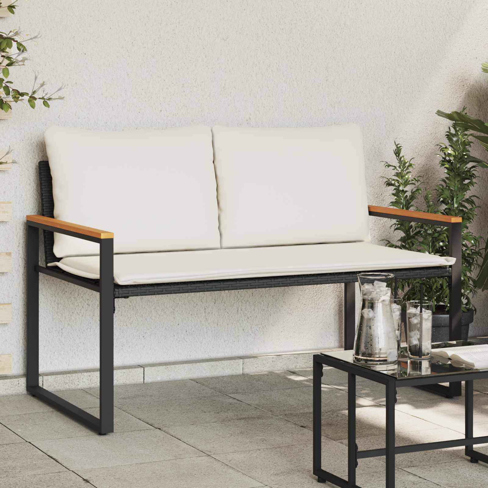 Bank met kussen Zwart en Cream Wit 115 x 65 x 72 cm Rattan is nu te koop bij PeponiXL, paradijselijk wonen!