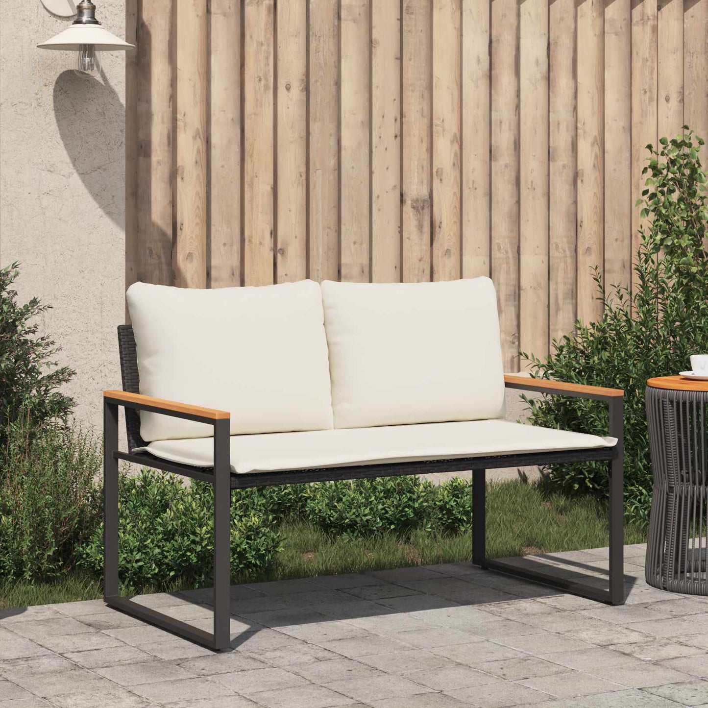 Bank met kussen Zwart en Cream Wit 115 x 65 x 72 cm Rattan is nu te koop bij PeponiXL, paradijselijk wonen!