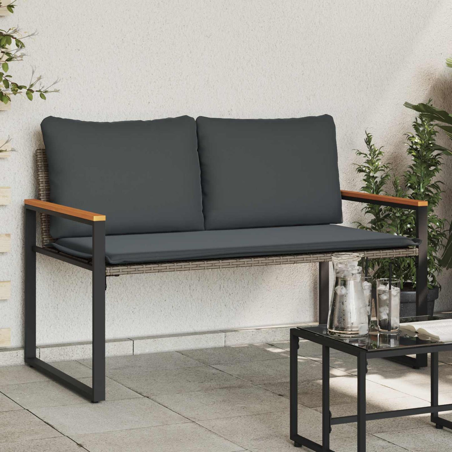 Bank met kussen Grijs en Donkergrijs 115 x 65 x 72 cm Rattan is nu te koop bij PeponiXL, paradijselijk wonen!