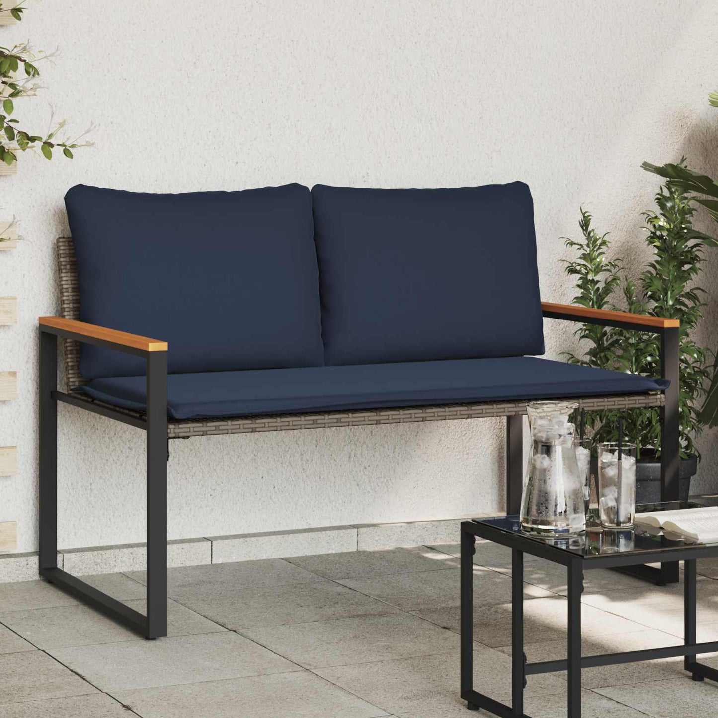 Bank met kussen Grijs en Marineblauw 115 x 65 x 72 cm Rattan is nu te koop bij PeponiXL, paradijselijk wonen!
