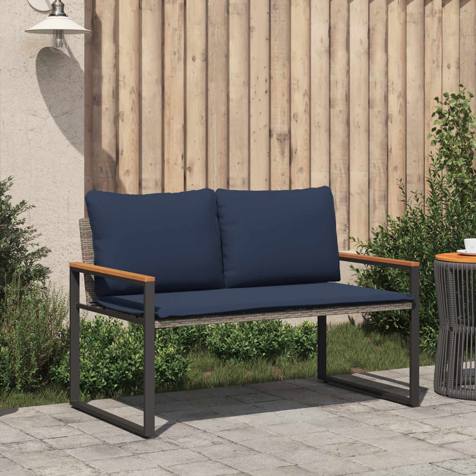 Bank met kussen Grijs en Marineblauw 115 x 65 x 72 cm Rattan is nu te koop bij PeponiXL, paradijselijk wonen!