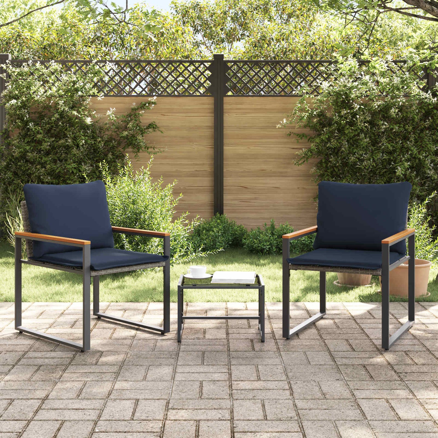 Meubelsets met kussen 3 pcs Grijs en Marineblauw Rattan is nu te koop bij PeponiXL, paradijselijk wonen!