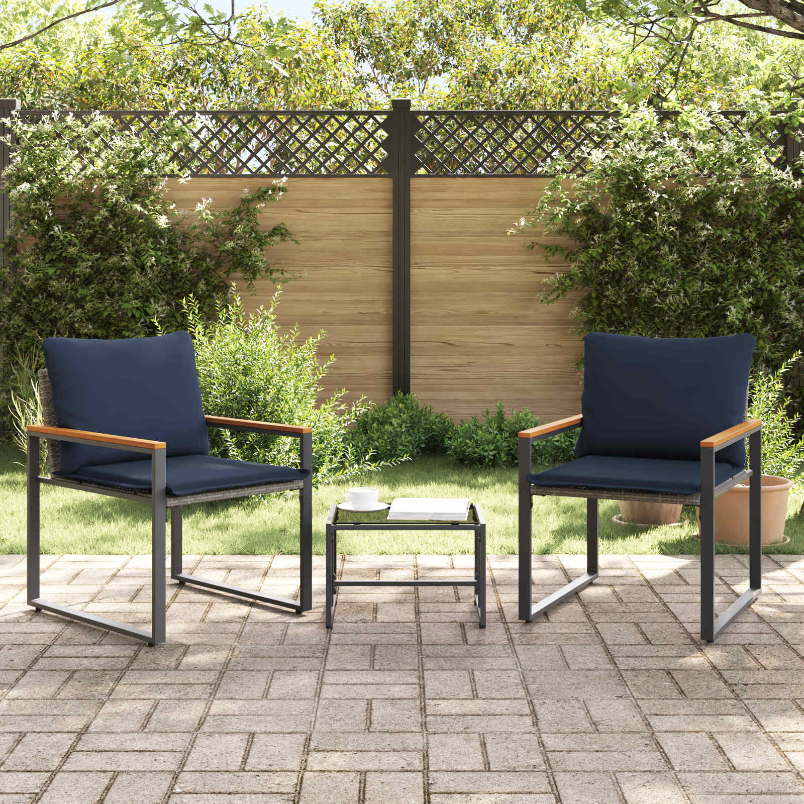 Meubelsets met kussen 3 pcs Grijs en Marineblauw Rattan is nu te koop bij PeponiXL, paradijselijk wonen!