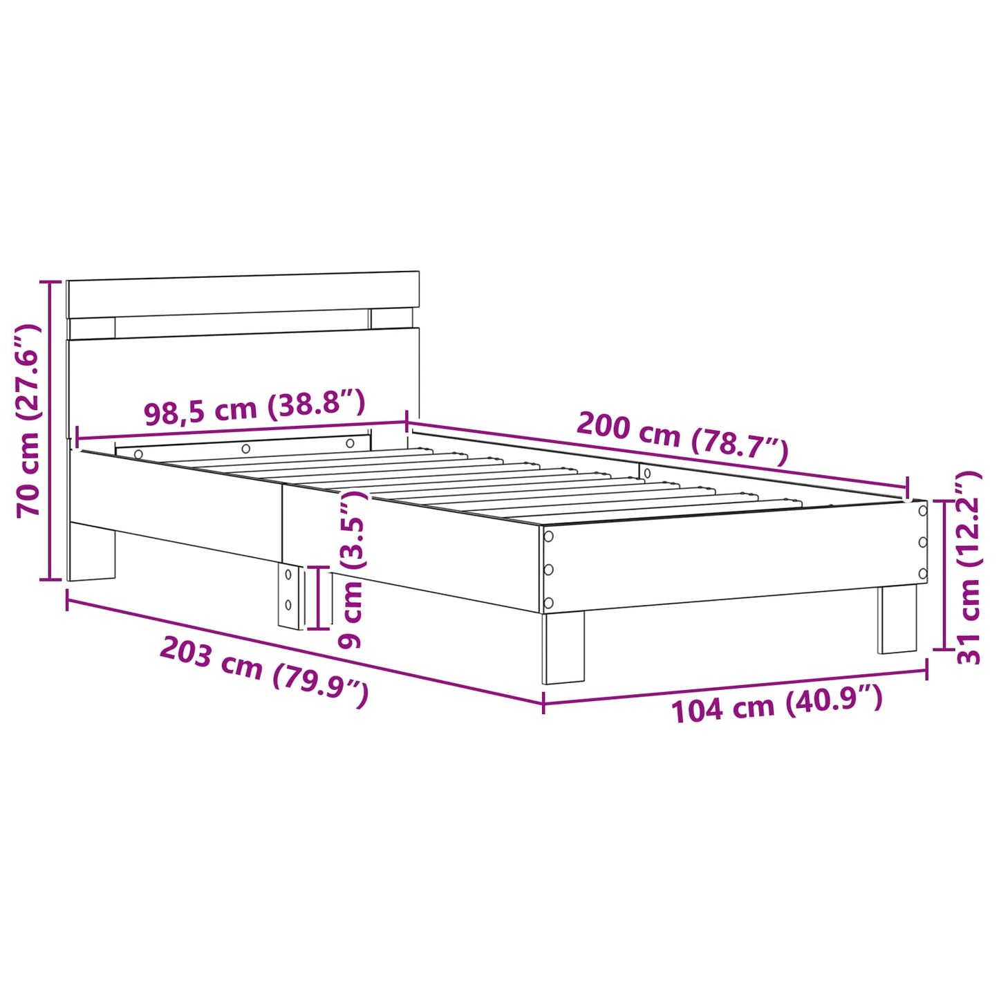 Bedframe met hoofdeinde Oudhout 98.5 x 200 cm Bewerkt hout is nu te koop bij PeponiXL, paradijselijk wonen!