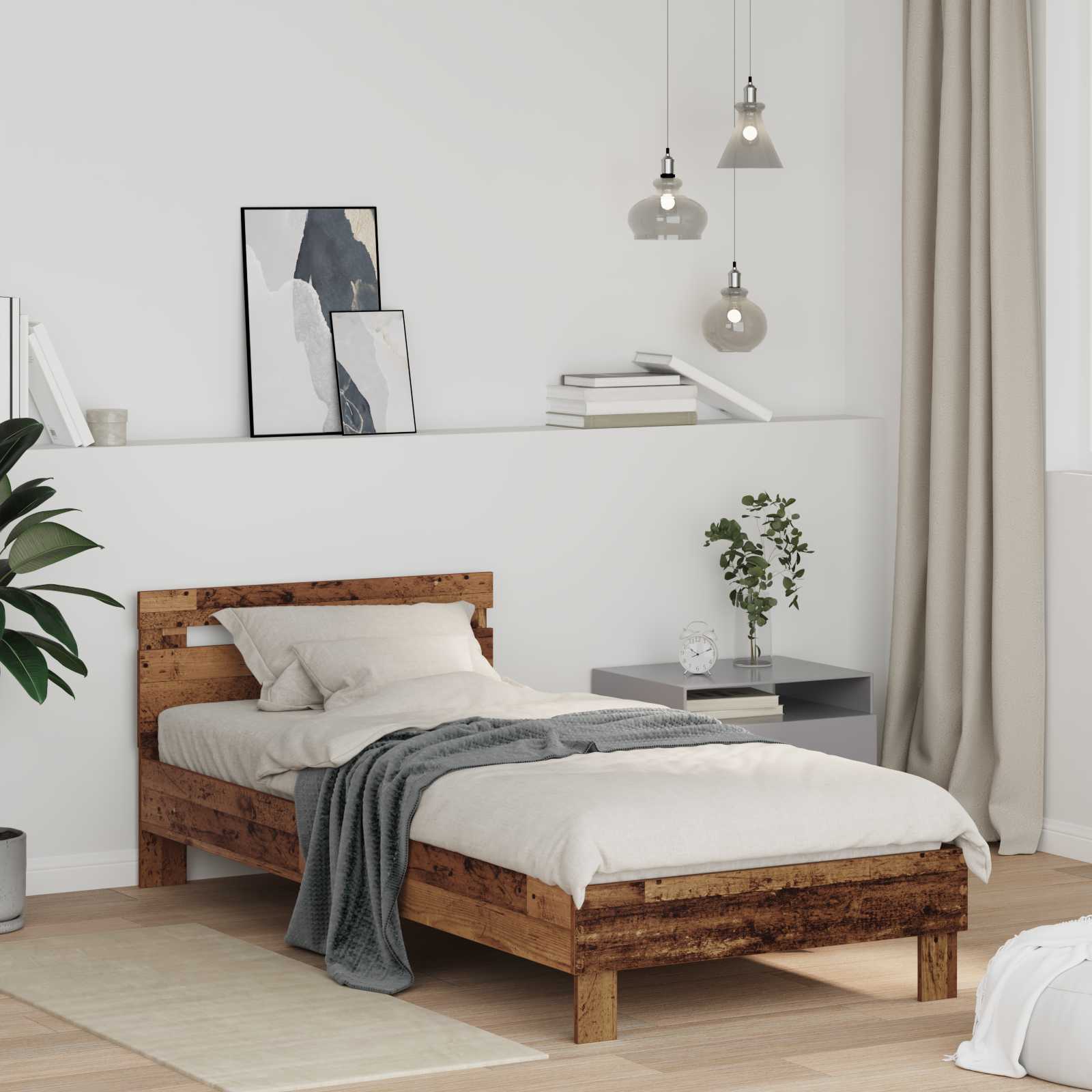Bedframe met hoofdeinde Oudhout 75 x 190 cm Bewerkt hout is nu te koop bij PeponiXL, paradijselijk wonen!