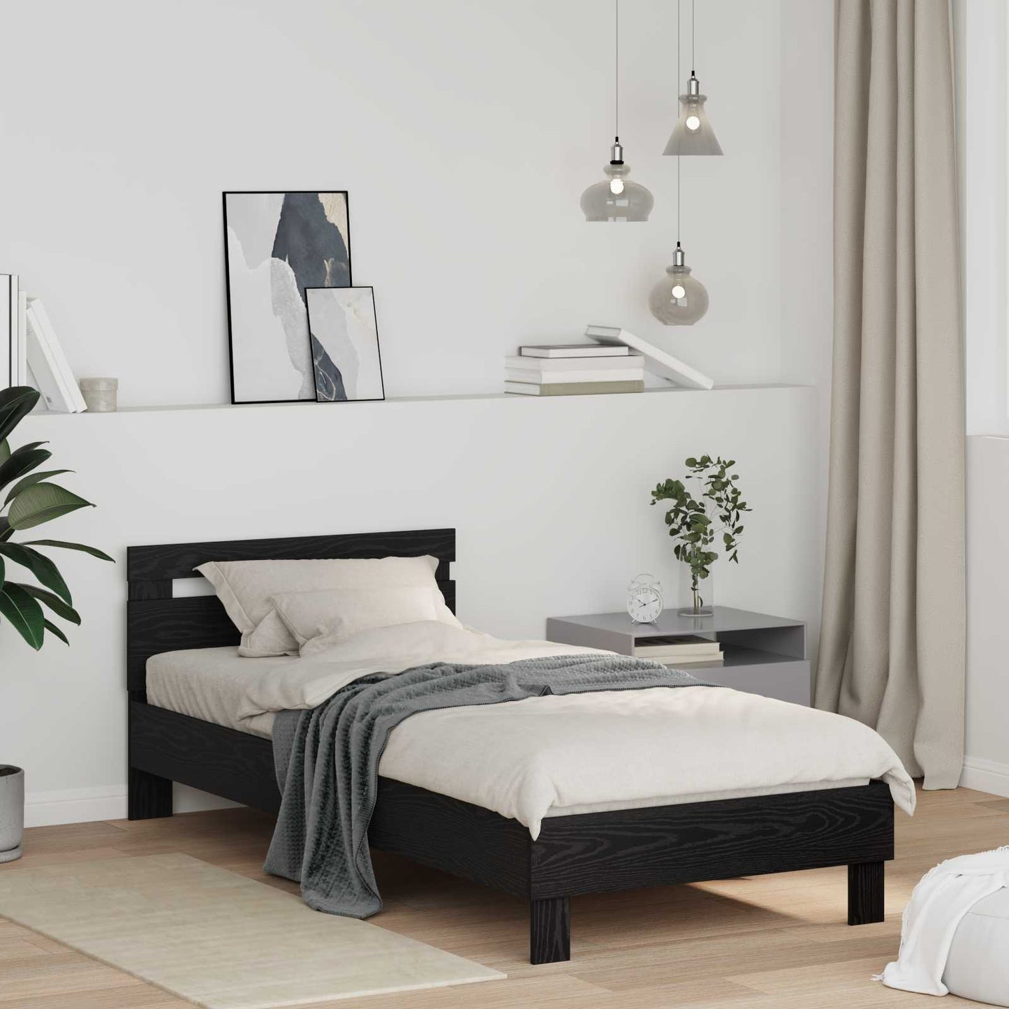 Bedframe met hoofdeinde Zwart Eiken 75 x 190 cm Bewerkt hout is nu te koop bij PeponiXL, paradijselijk wonen!