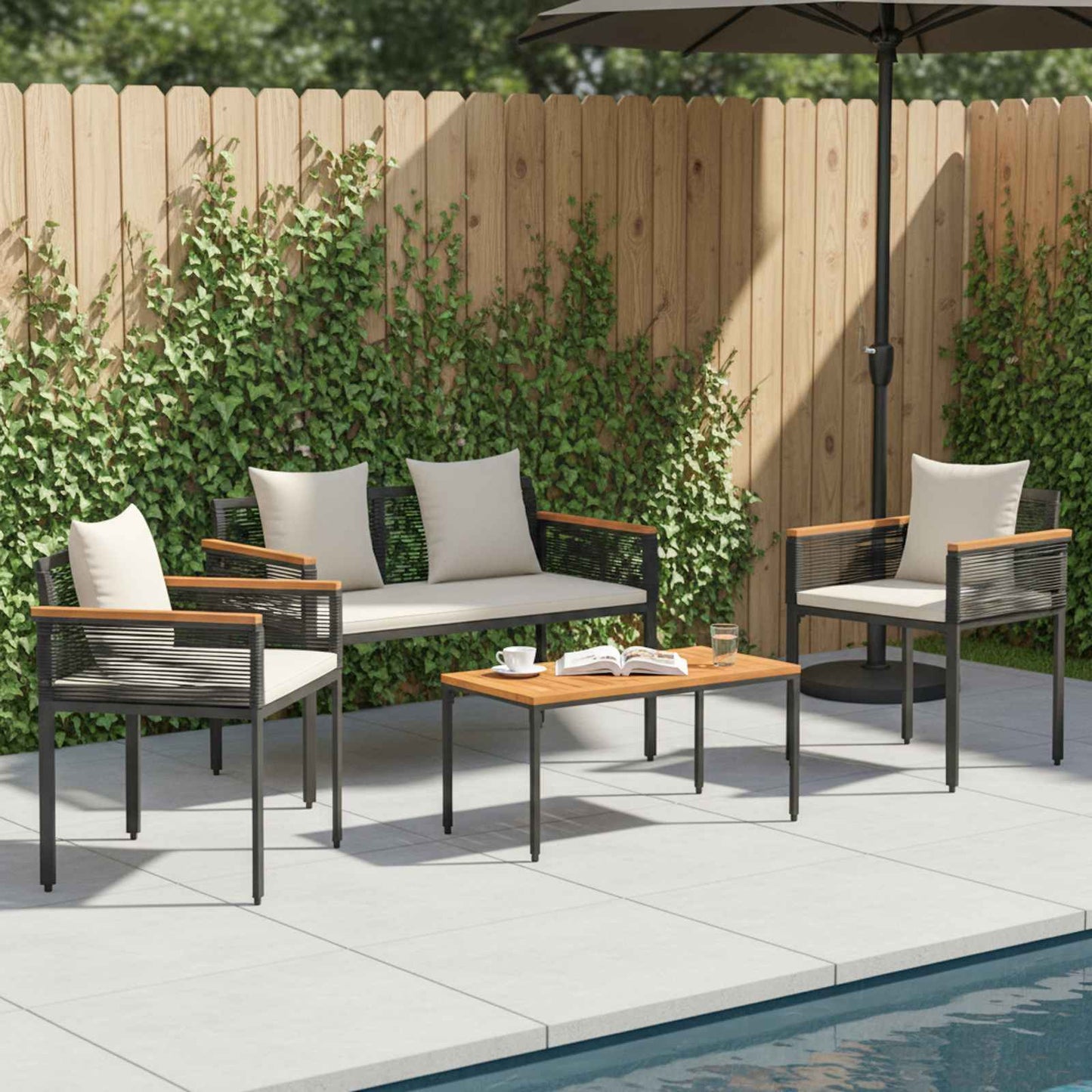 Buitenmeubelset met kussen Zwart en Cream Wit poly rattan is nu te koop bij PeponiXL, paradijselijk wonen!