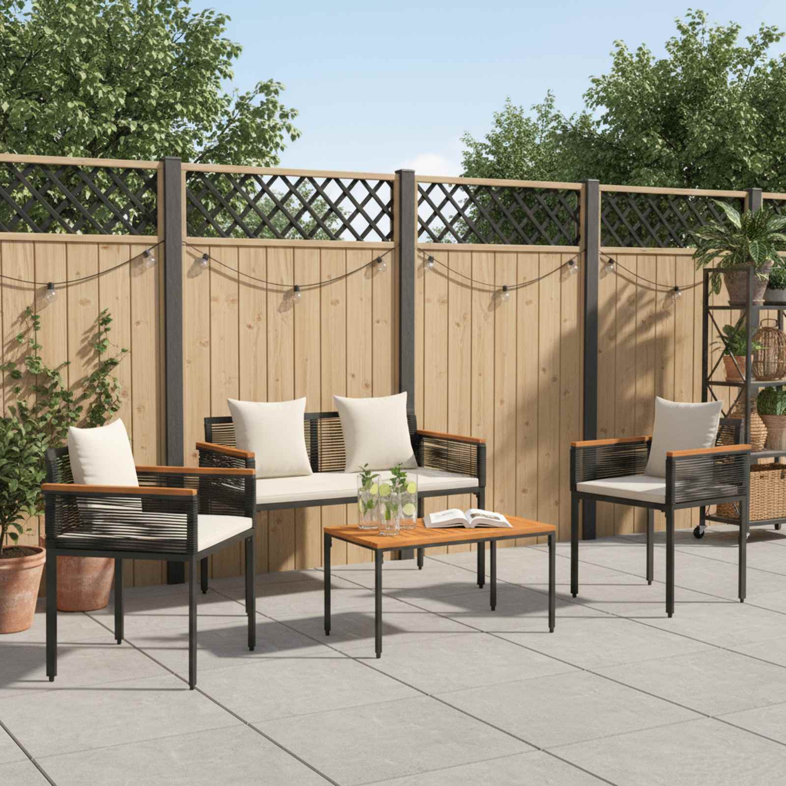 Buitenmeubelset met kussen Zwart en Cream Wit poly rattan is nu te koop bij PeponiXL, paradijselijk wonen!