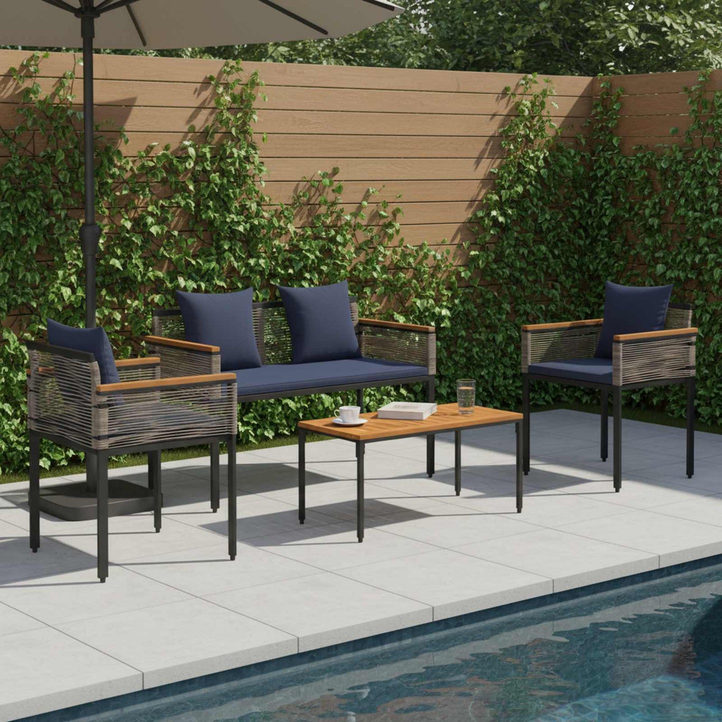 Buitenmeubelset met kussen Grijs en Marineblauw poly rattan is nu te koop bij PeponiXL, paradijselijk wonen!