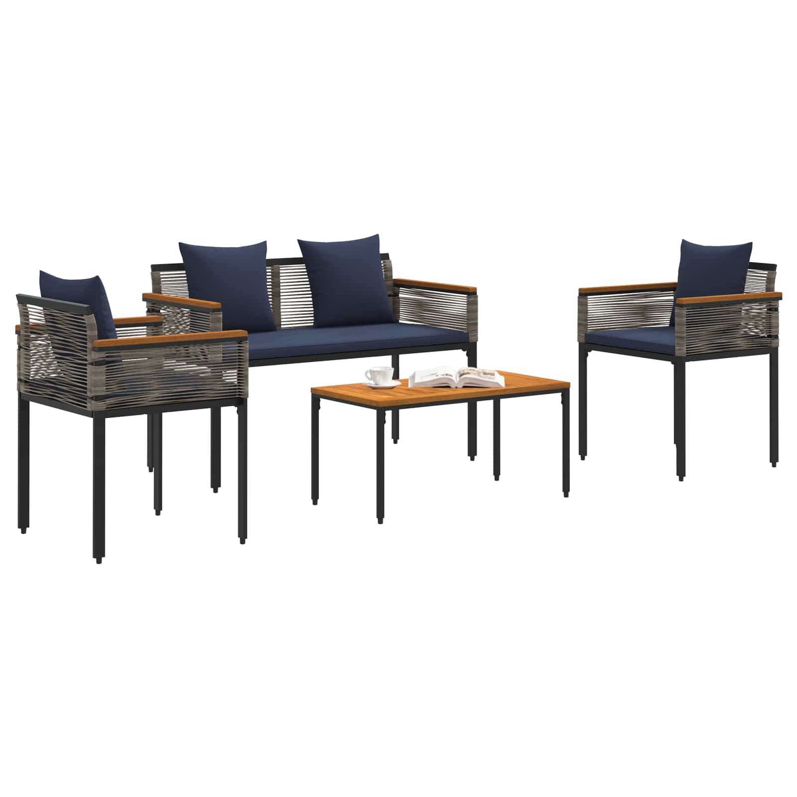 Buitenmeubelset met kussen Grijs en Marineblauw poly rattan is nu te koop bij PeponiXL, paradijselijk wonen!
