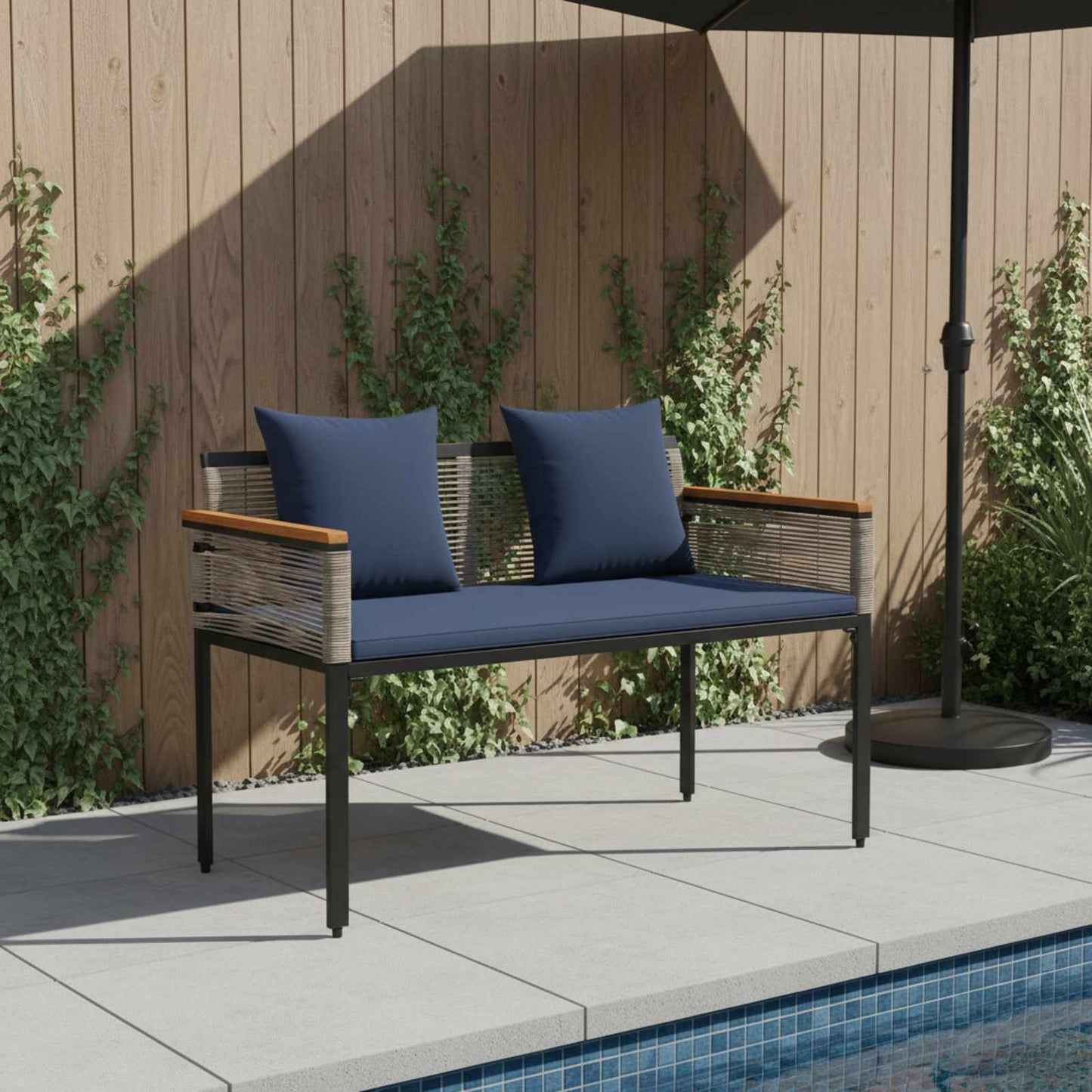 Tuinbank Grijs en Marineblauw 117 x 54 x 74.5 cm poly rattan is nu te koop bij PeponiXL, paradijselijk wonen!