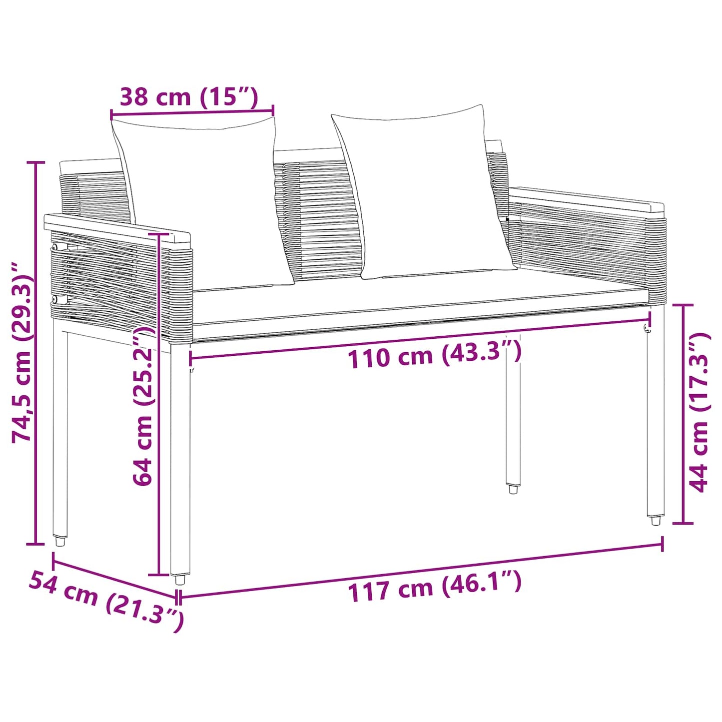 Tuinbank Zwart en Turquoise 117 x 54 x 74.5 cm poly rattan is nu te koop bij PeponiXL, paradijselijk wonen!