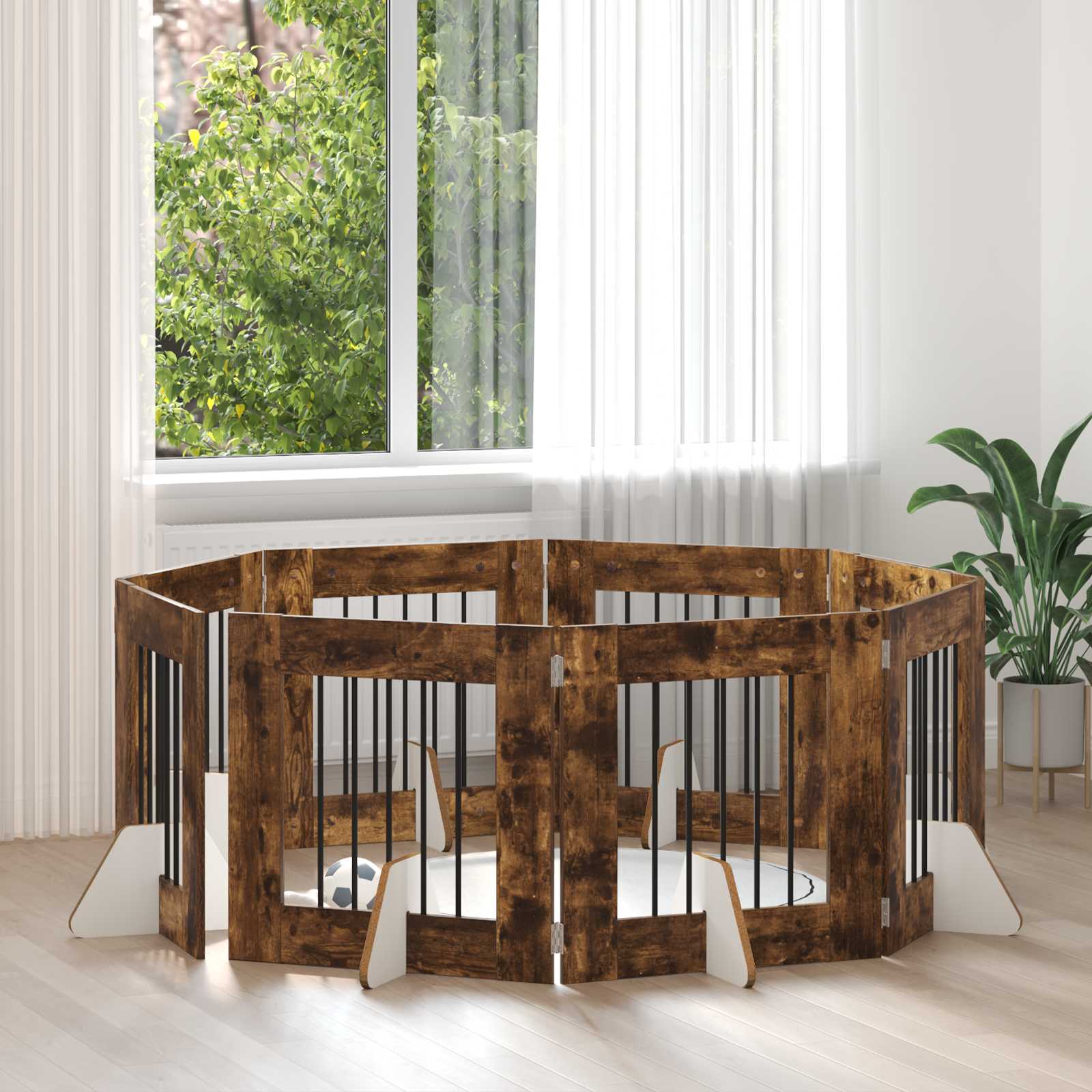 Hondenhekje met standaards 8 pcs Gerookt eiken 60 x 60 cm is nu te koop bij PeponiXL, paradijselijk wonen!