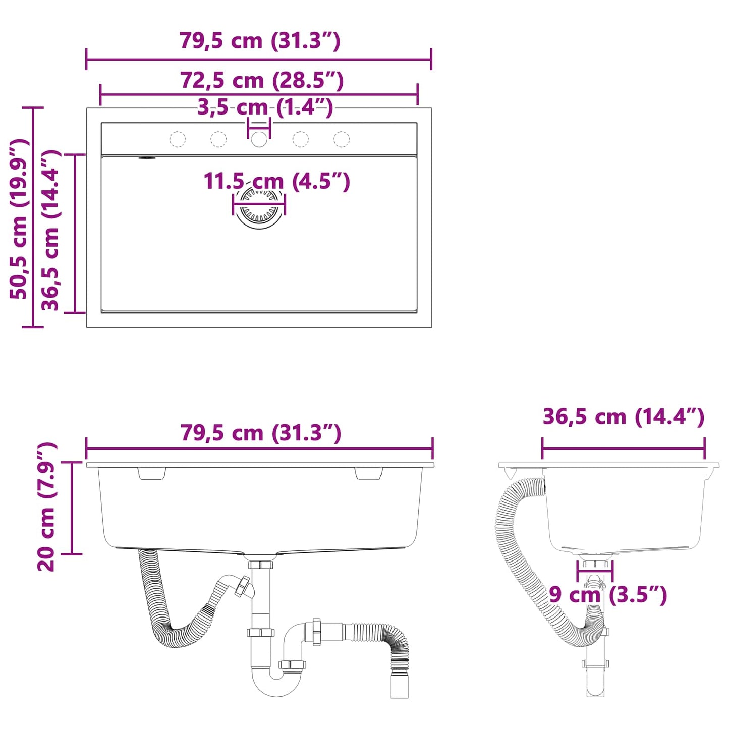 Wasbak Wit 795 x 505 mm Graniet is nu te koop bij PeponiXL, paradijselijk wonen!
