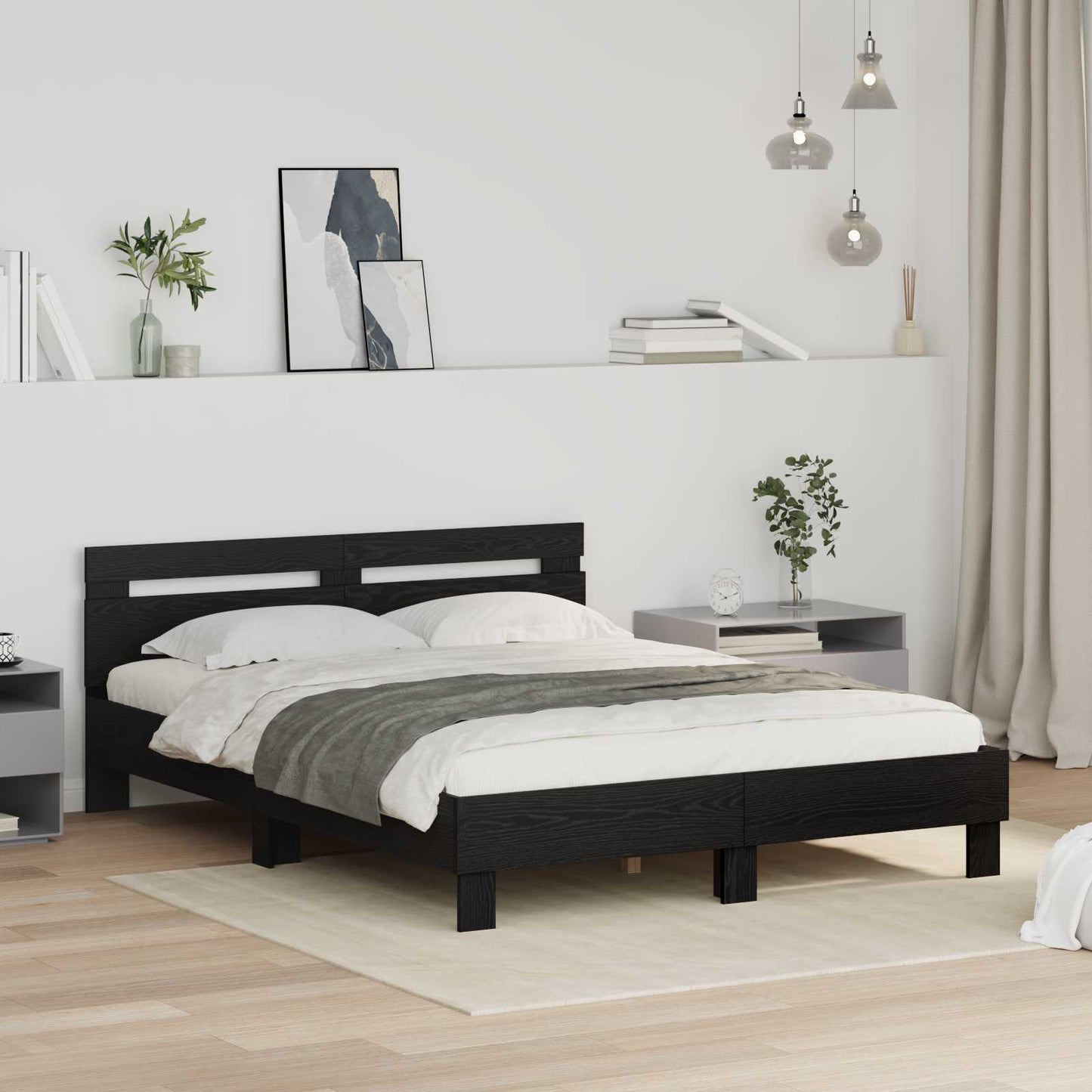 Bedframe met hoofdeinde Zwart Eiken 160 x 200 cm Bewerkt hout is nu te koop bij PeponiXL, paradijselijk wonen!
