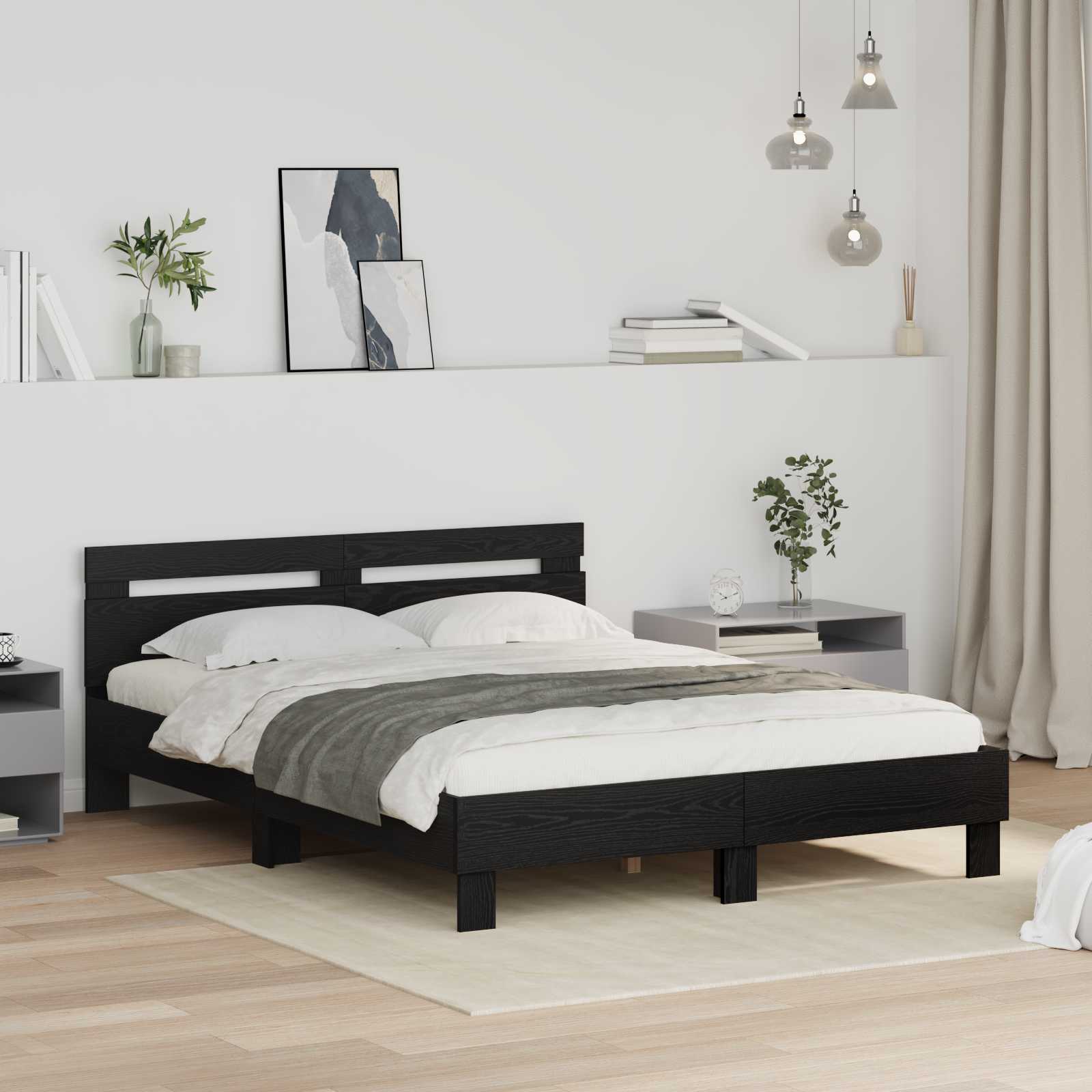 Bedframe met hoofdeinde Zwart Eiken 160 x 200 cm Bewerkt hout is nu te koop bij PeponiXL, paradijselijk wonen!