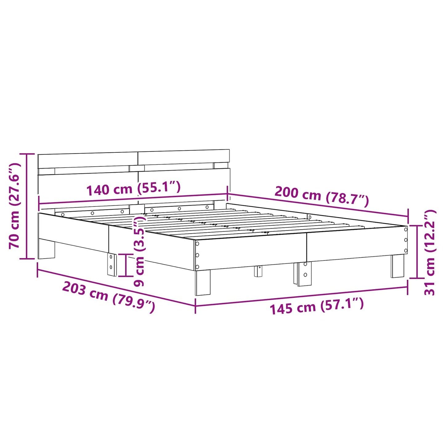 Bedframe met hoofdeinde Artisan Eiken 140 x 200 cm Bewerkt hout is nu te koop bij PeponiXL, paradijselijk wonen!