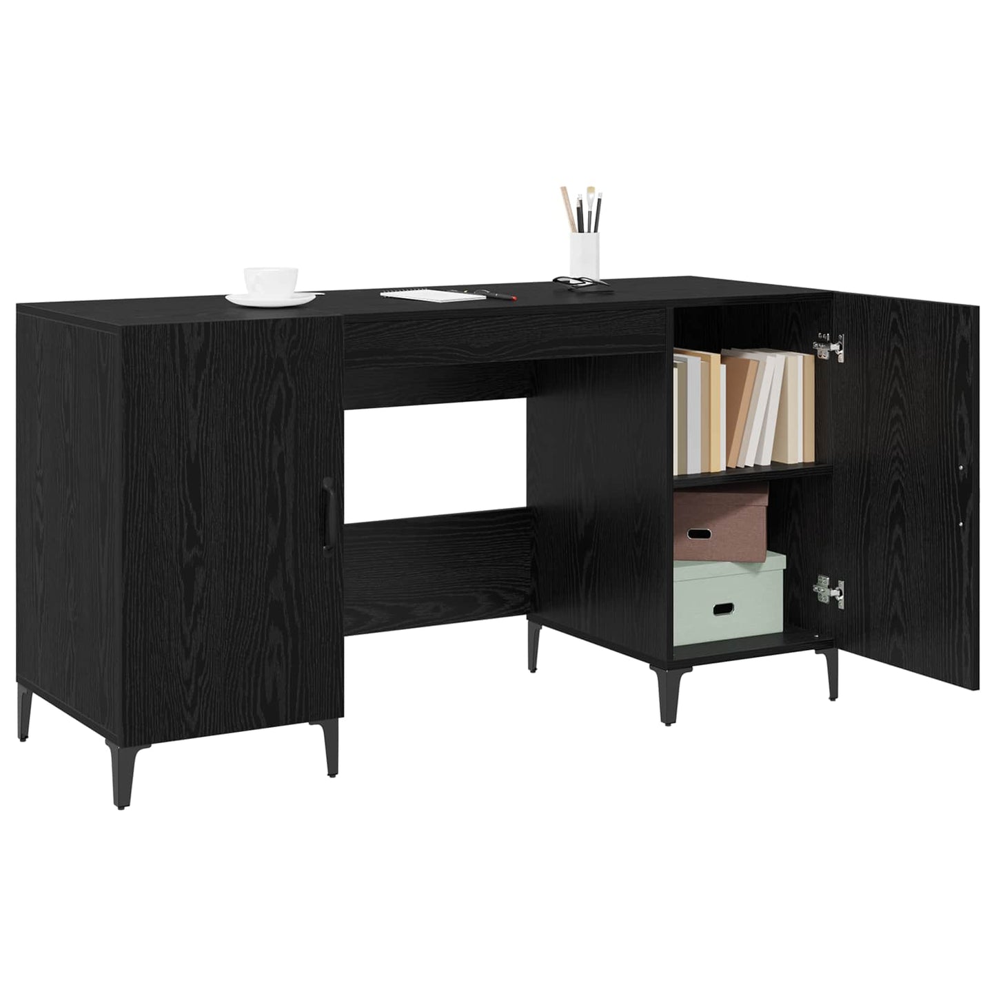 Bureau met opslag Zwart Eiken 140 x 50 x 75 cm Bewerkt hout is nu te koop bij PeponiXL, paradijselijk wonen!