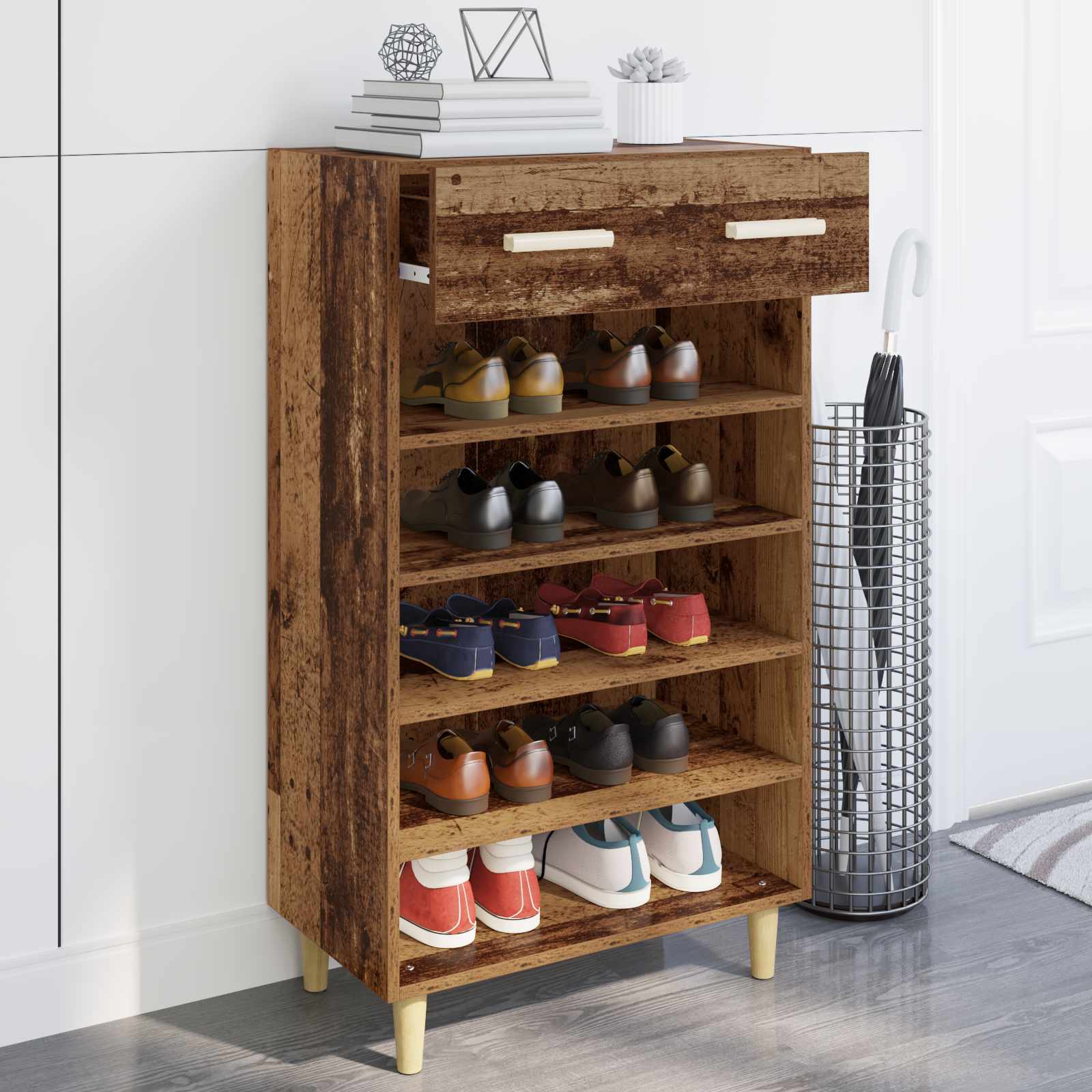 Schoenenkast met lade Oudhout 60 x 35 x 105 cm Bewerkt hout is nu te koop bij PeponiXL, paradijselijk wonen!
