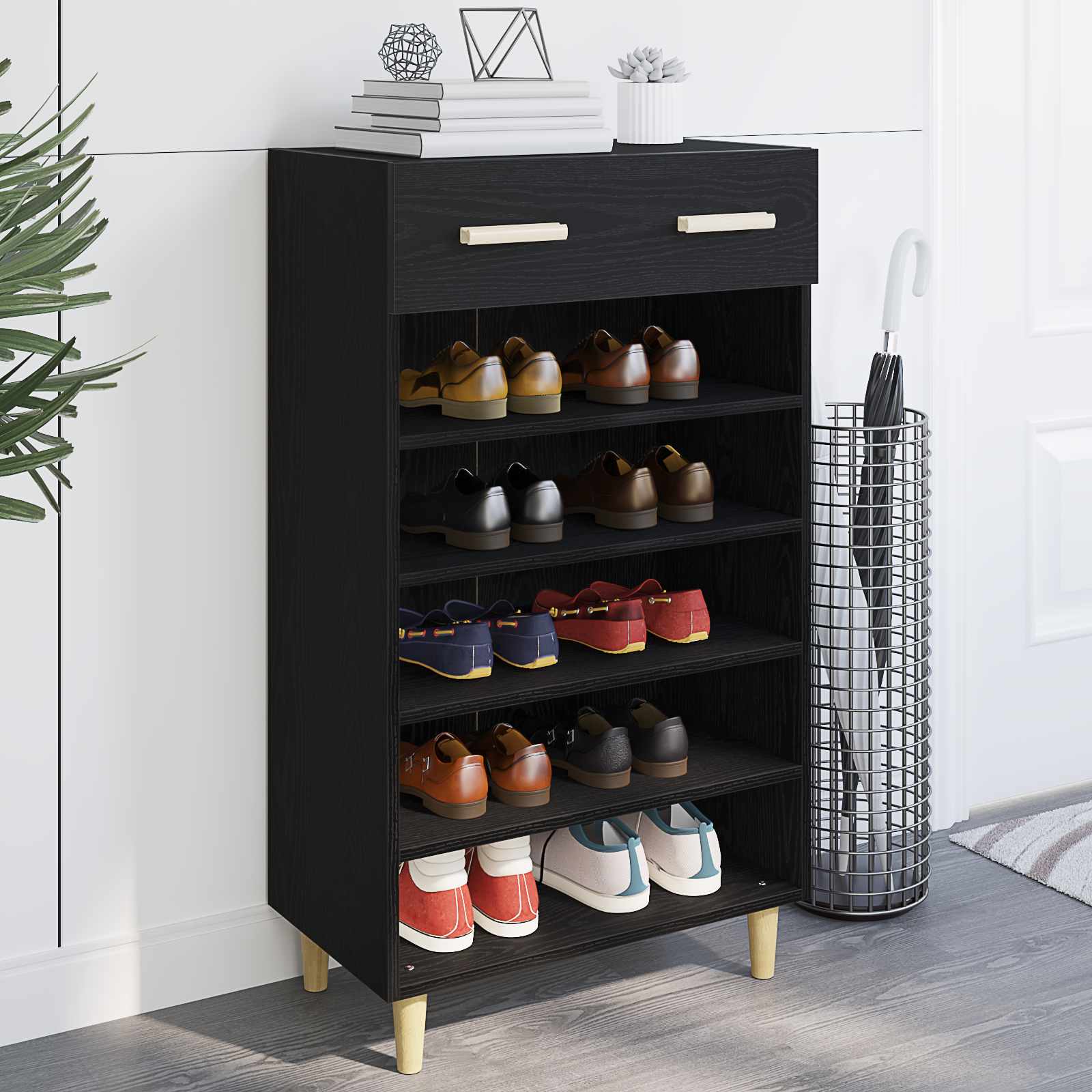 Schoenenkast met lade Zwart Eiken 60 x 35 x 105 cm Bewerkt hout is nu te koop bij PeponiXL, paradijselijk wonen!