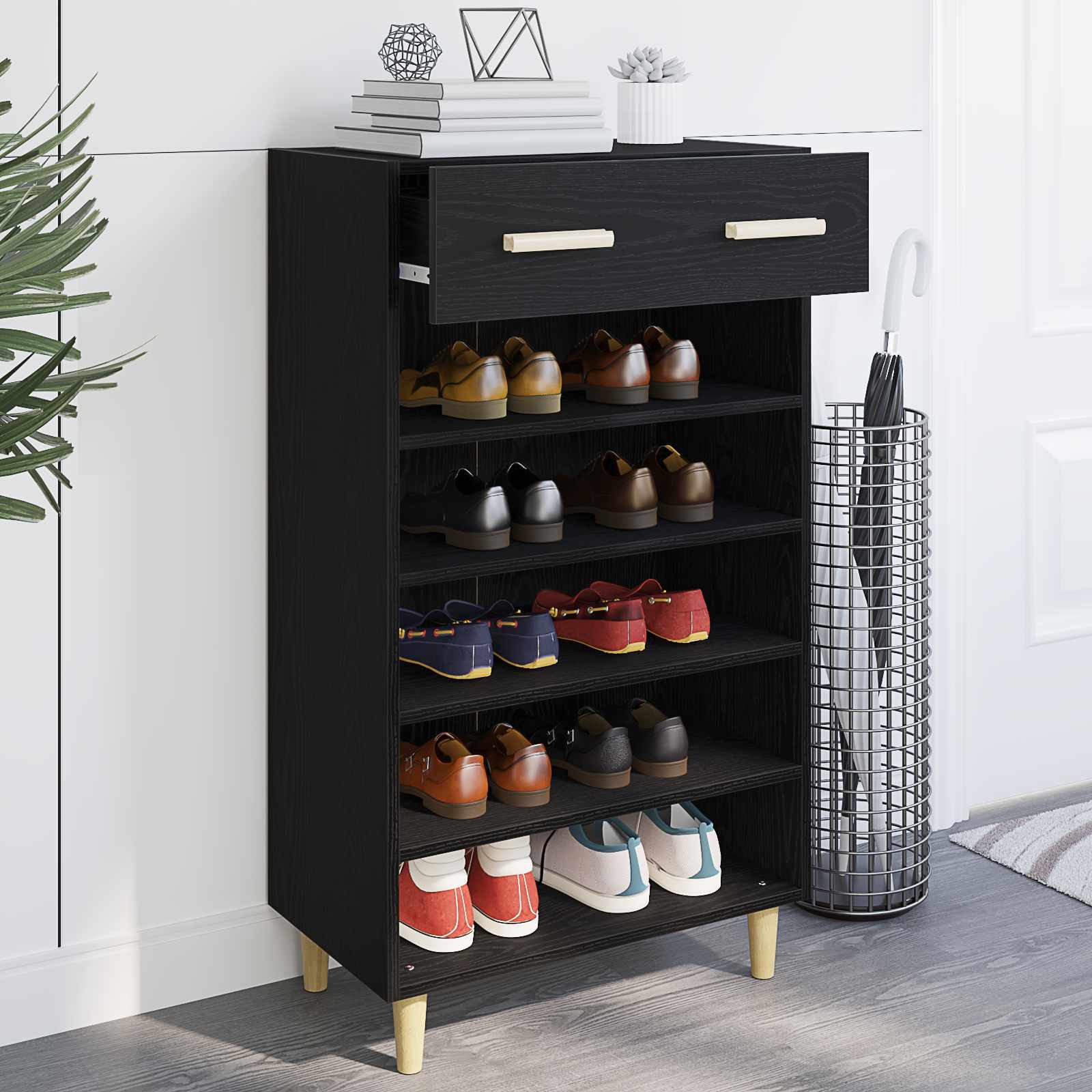 Schoenenkast met lade Zwart Eiken 60 x 35 x 105 cm Bewerkt hout is nu te koop bij PeponiXL, paradijselijk wonen!