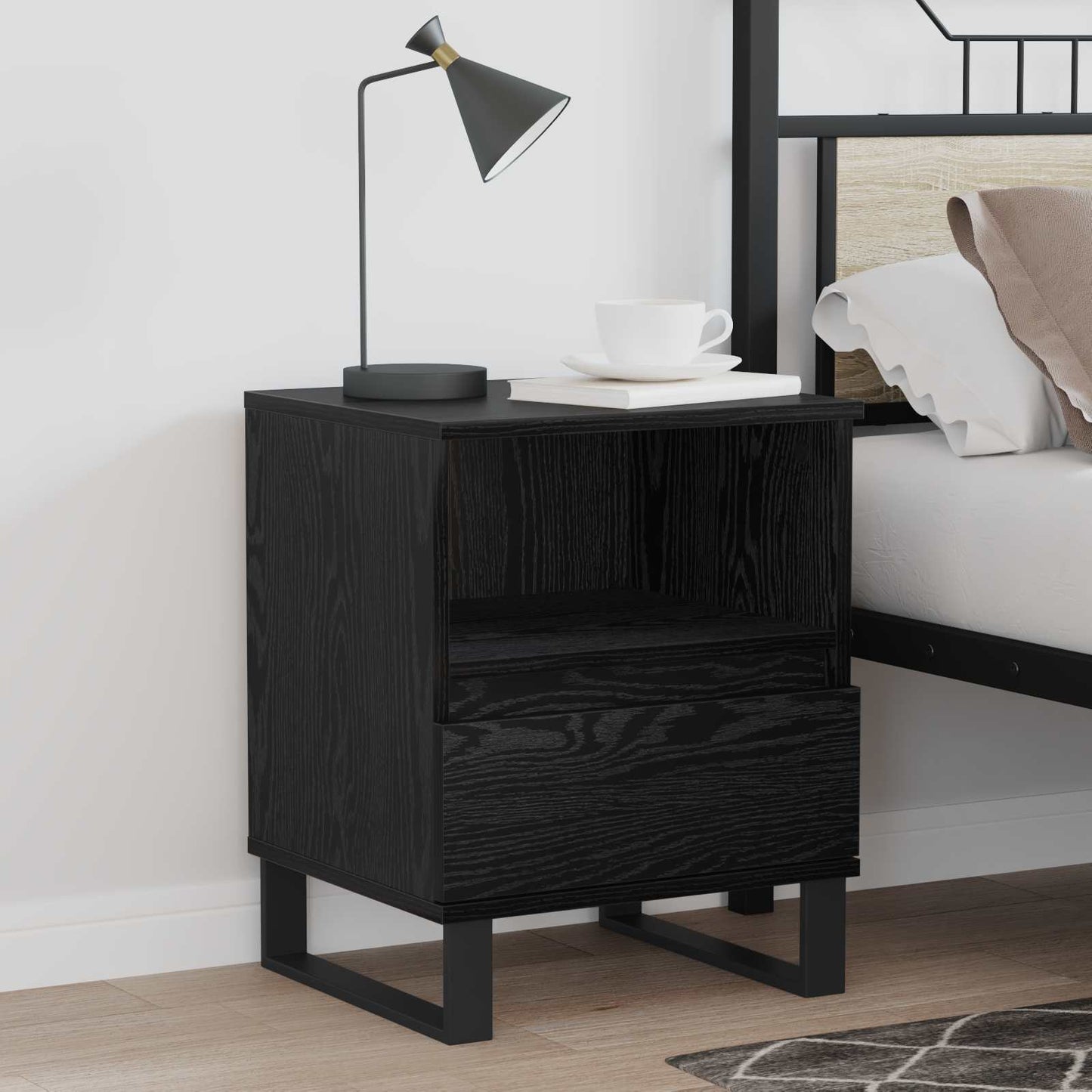 Bed kast met lade Zwart Eiken 40 x 35 x 50 cm Bewerkt hout is nu te koop bij PeponiXL, paradijselijk wonen!