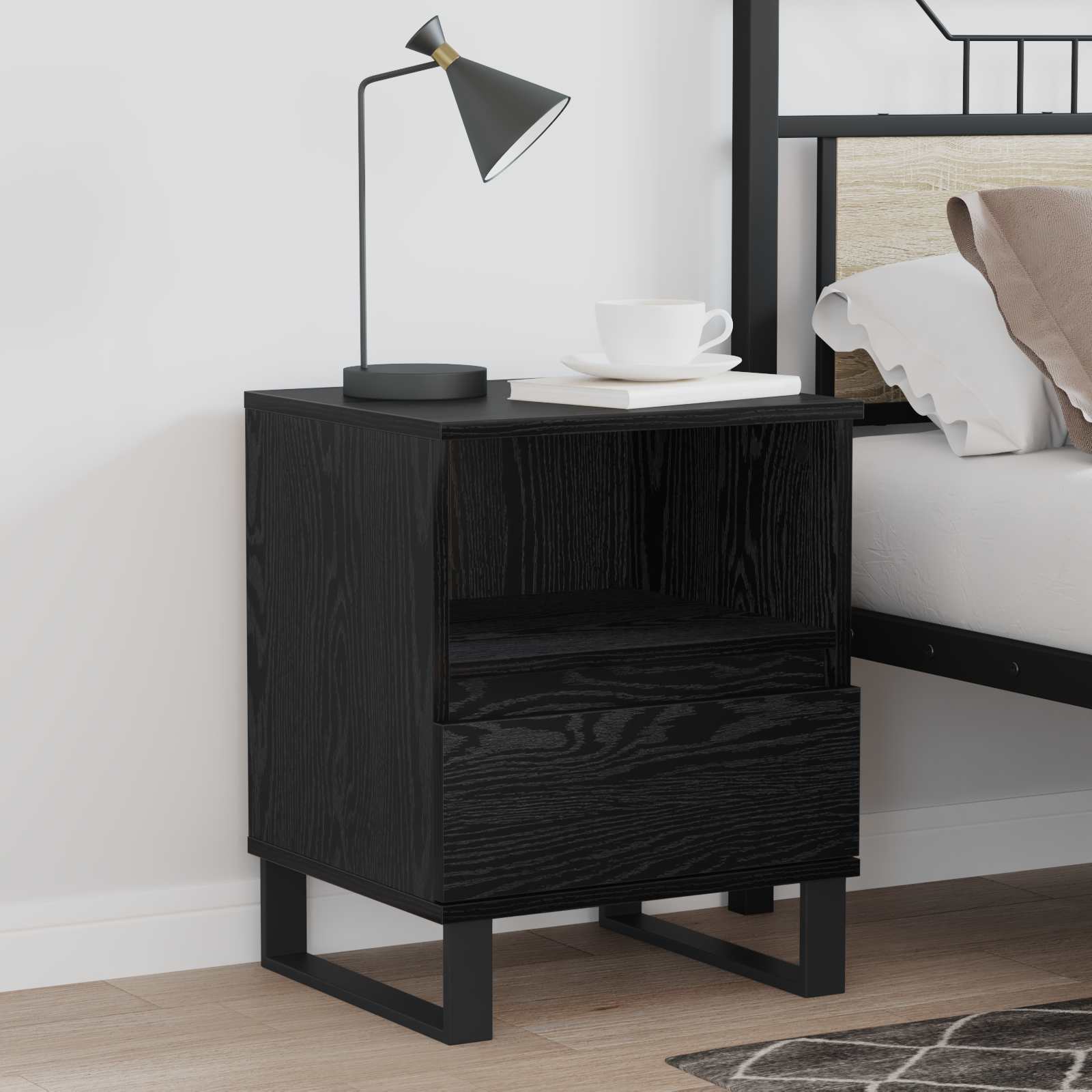 Bed kast met lade Zwart Eiken 40 x 35 x 50 cm Bewerkt hout is nu te koop bij PeponiXL, paradijselijk wonen!