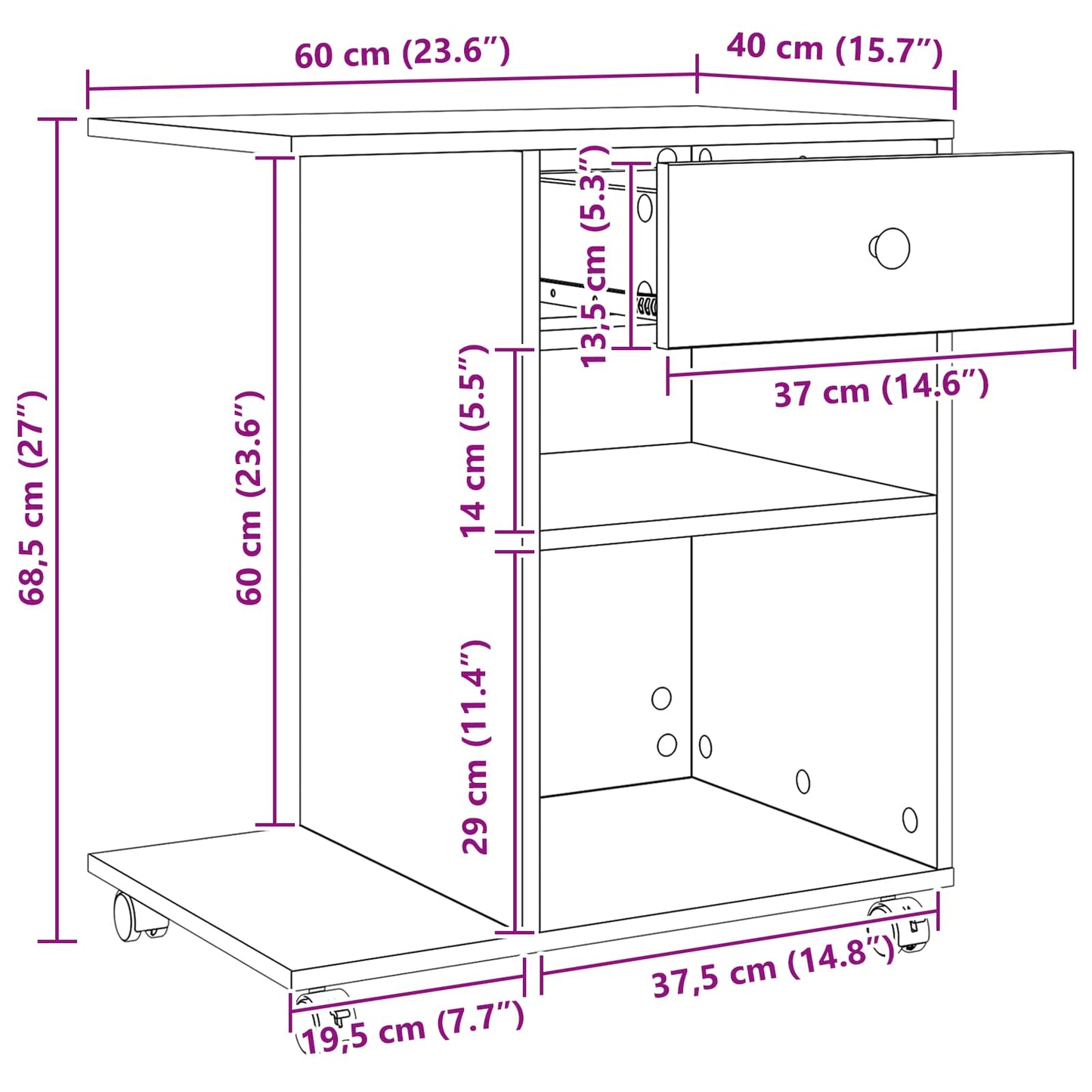 Printerstand Effen Zwart Eiken 60 x 40 x 68.5 cm Bewerkt hout is nu te koop bij PeponiXL, paradijselijk wonen!