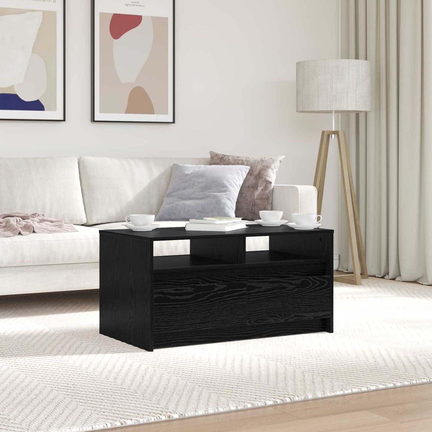 Salontafel met lade Zwart Eiken 90 x 50 x 45 cm Bewerkt hout is nu te koop bij PeponiXL, paradijselijk wonen!